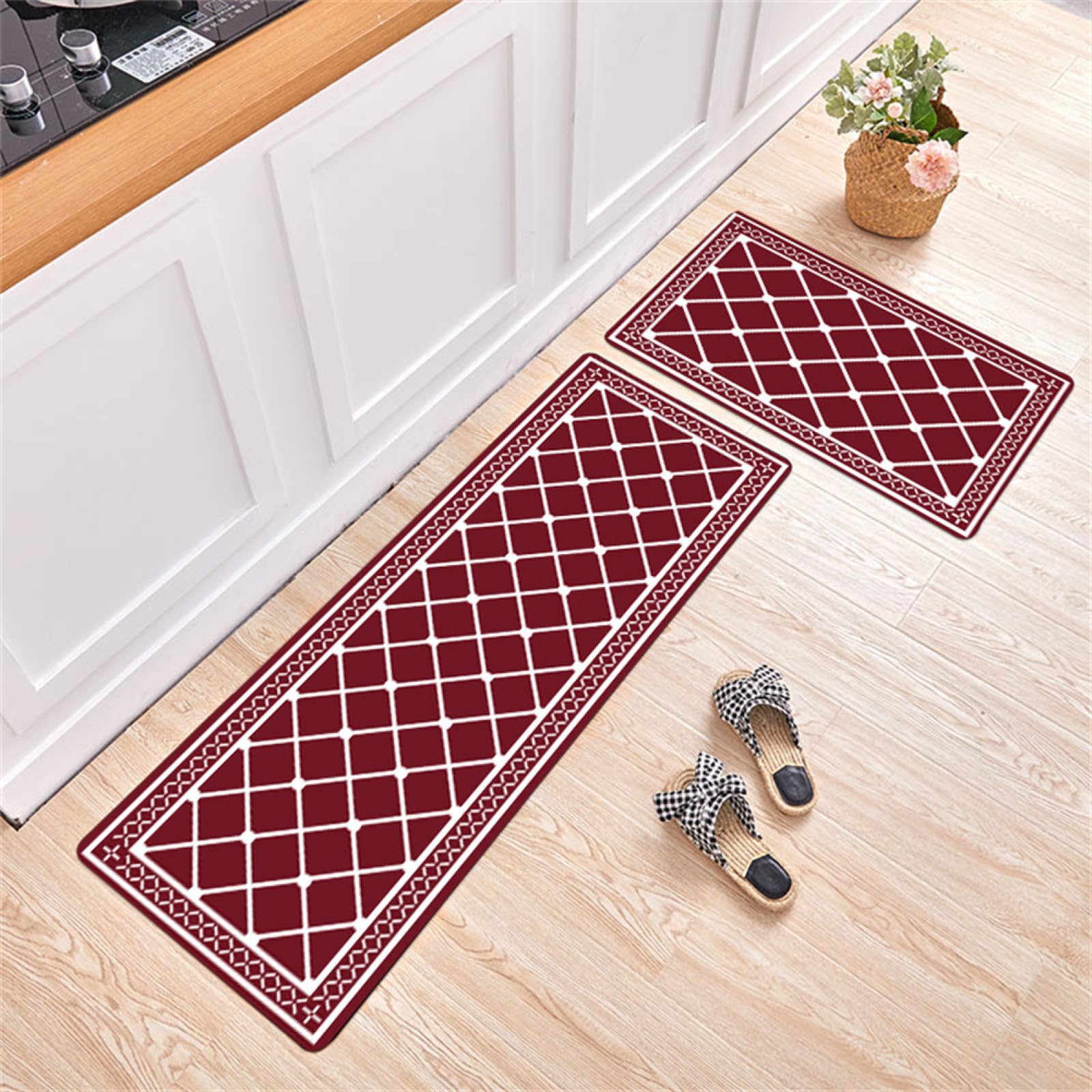 KüChenläUfer KüChenmatte 45x120cm, KüChenteppich Waschbar rutschfest, Teppich LäUfer Flur FußMatte Badematten, Wasser öL Aufnehmen Teppich KüChe Set für KüChe Wohnzimmer, Badezimmer Red