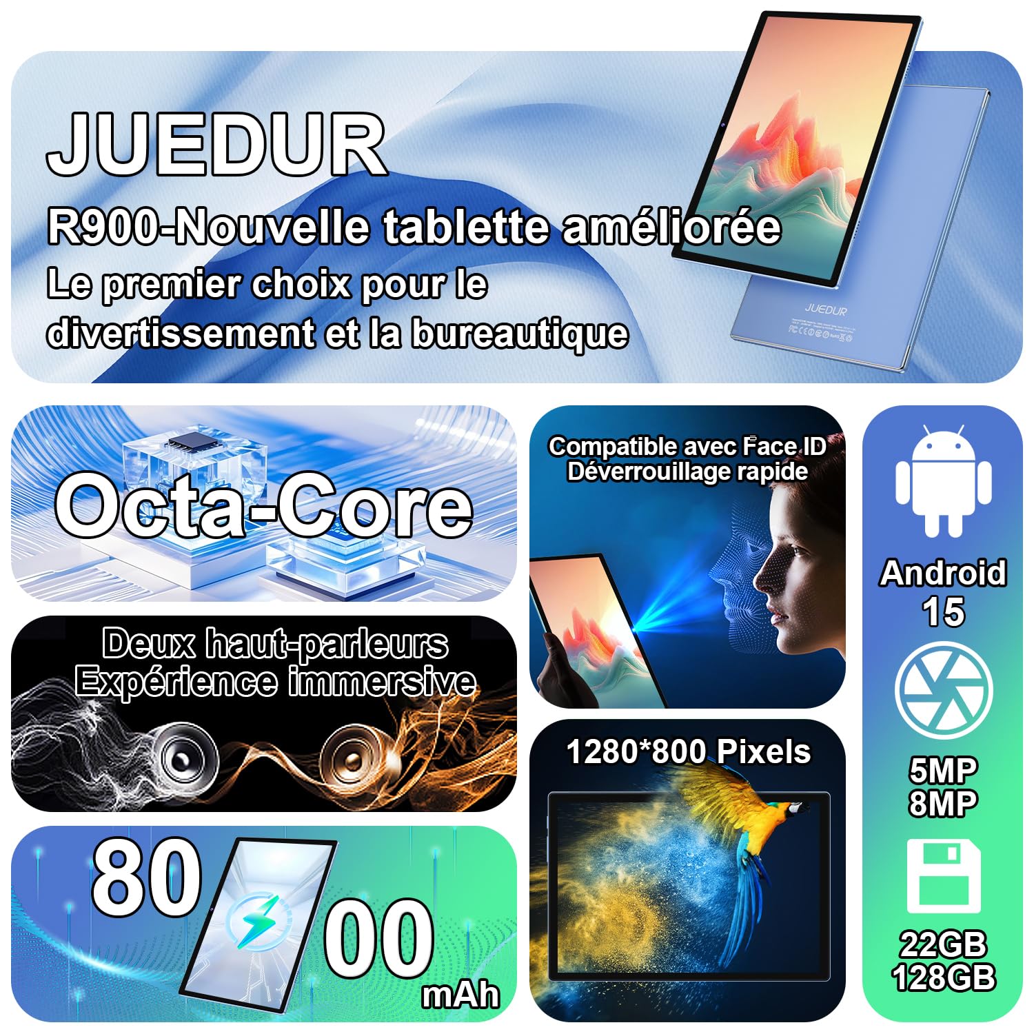 Tablette 10 Pouces Android 15, 22Go RAM + 128Go ROM (1To TF), Octa-Core, 8000mAh, Widevine L1, WiFi-6, Face ID, GPS, BT 5.0, Corps métallique, Tablette Tactile avec Clavier + étui de protection, Bleu