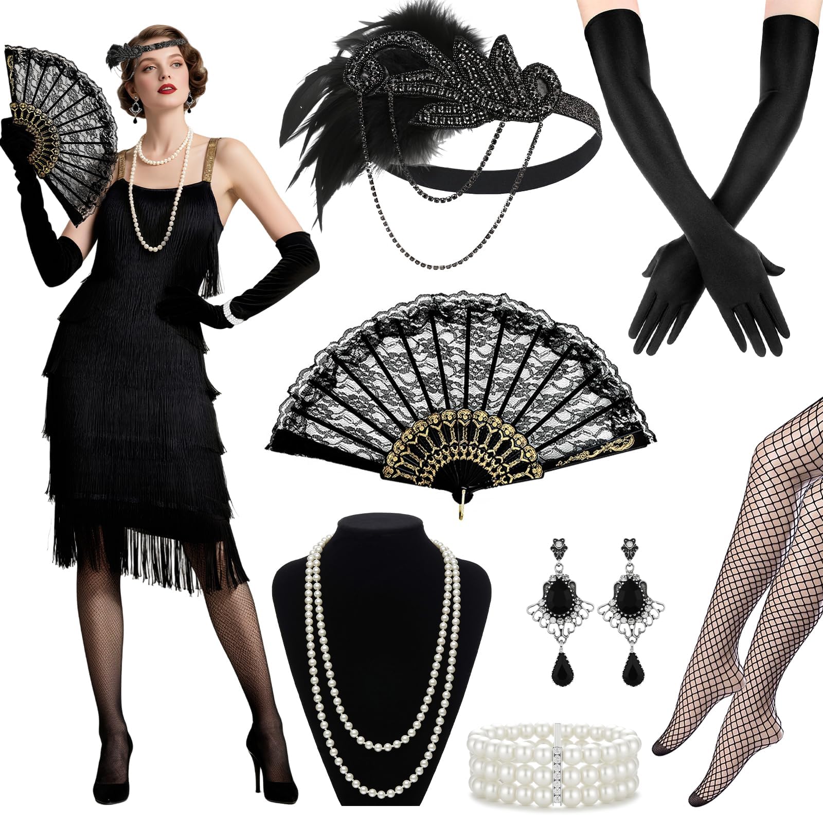 1920s Flapper Costume Set for Women 1920s Flapper Dress Black Sequin One Shoulder Dress with Accessories,Great Gatsby Outfit for Halloween,Vintage Party Roaring Twenties Theme