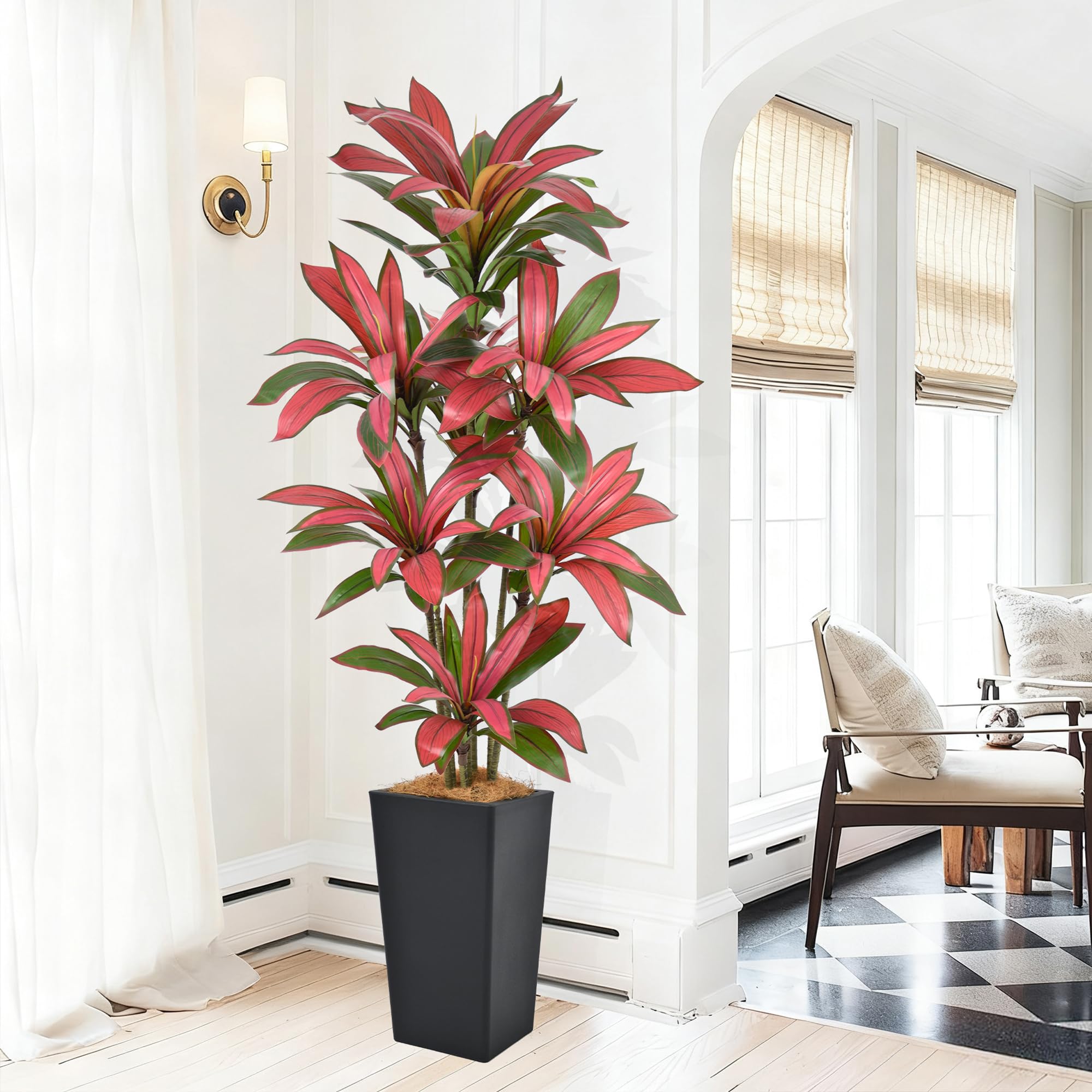 6FT Artificial Dracaena Tree - 72in Faux Dracaena Tree with Black Planter, Realistic Trunk & Lifelike Red Foliages, Tall Fake Tropical Floor Plant
