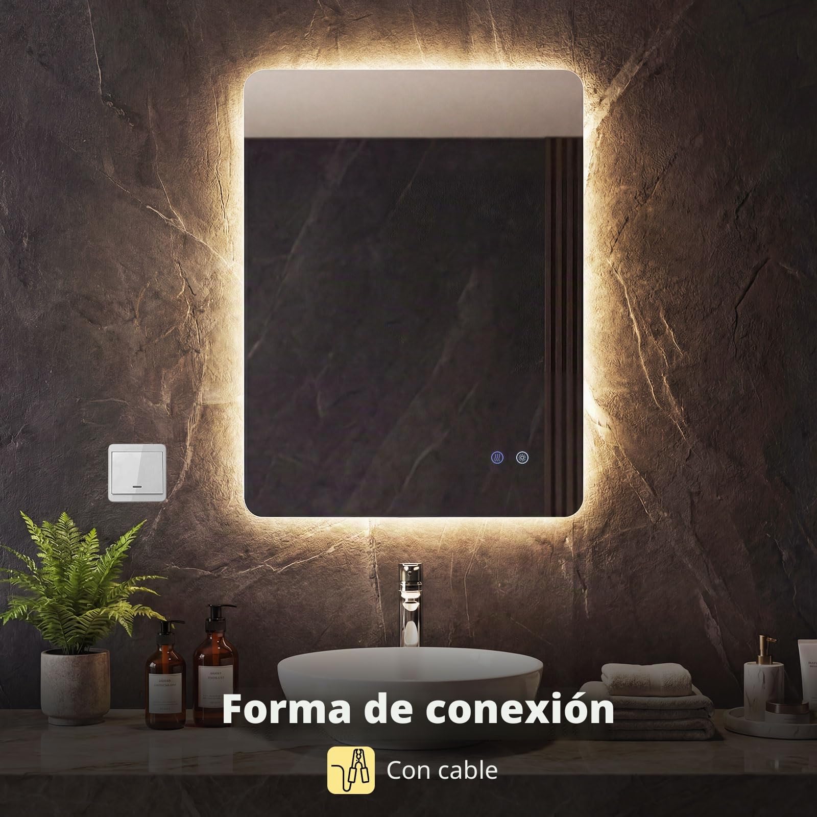 FANTASK Espejo de baño Rectangular LED de Cristal Templado, Espejo de Pared LED con Control táctil, Espejo de baño Regulable, antivaho y función de Memoria (80 x 60 cm)