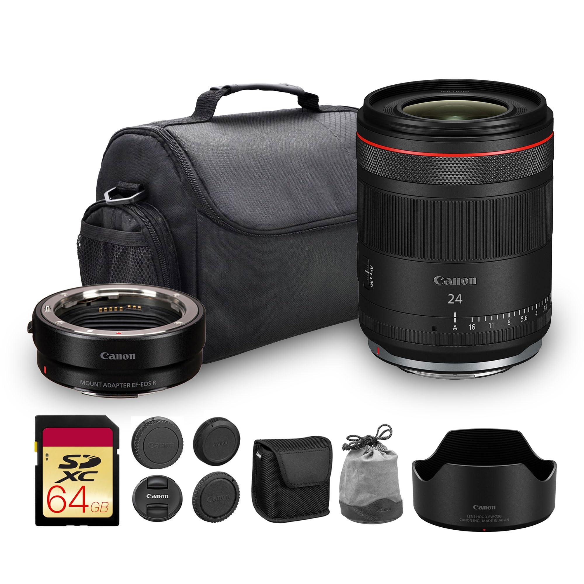 Canon RF 24mm f/1.4 L VCM Lens | L-Series Wide-Angle Prime with Bright f/1.4 Aperture, Nano USM & Weather Sealing | for Landscapes & Astrophotography (6907C002) + Adapter EF-EOS R + Bag + 64GB Card
