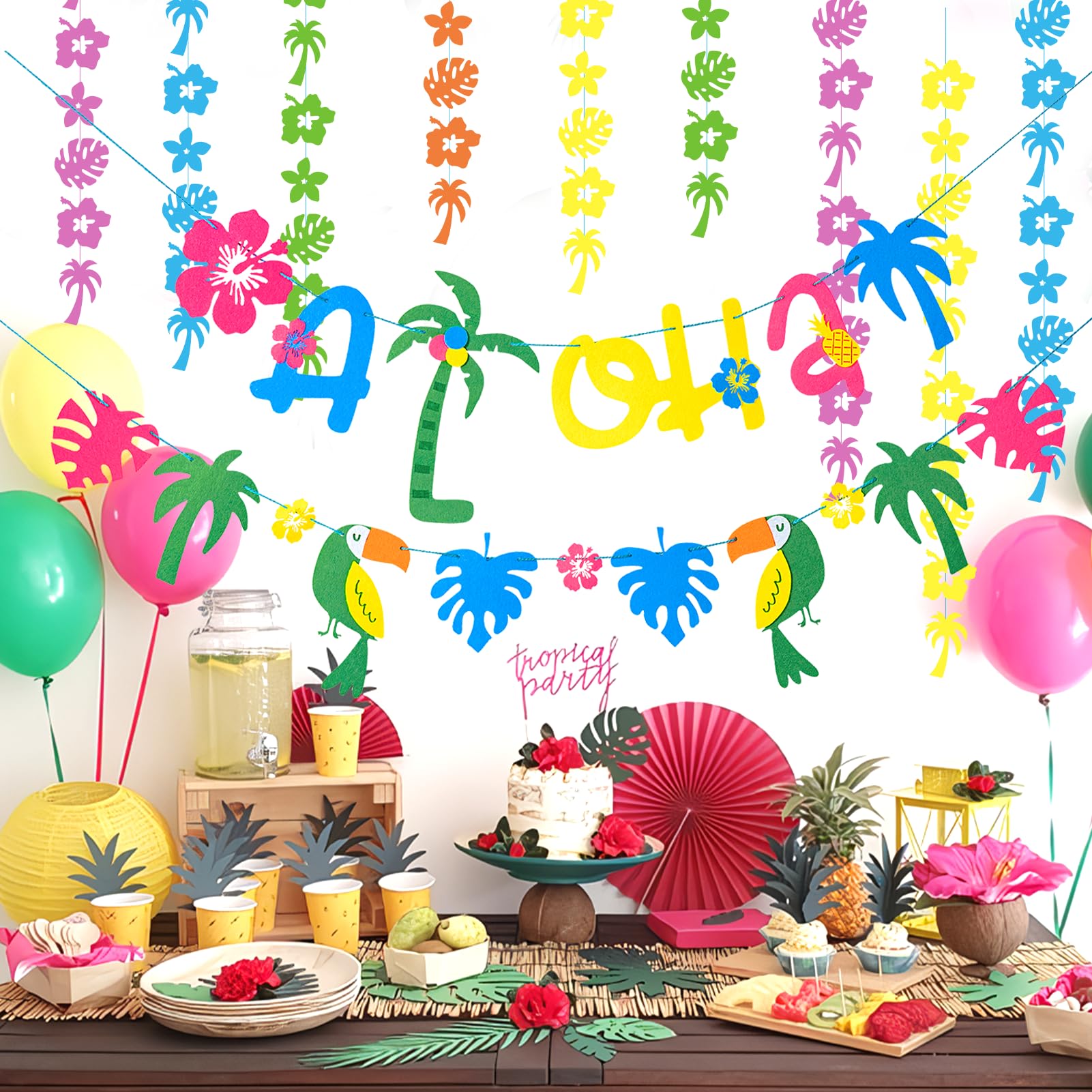 Tropical Luau Birthday Banner – Hawaiian Party Decor With Palm Leaves, Gold Onion Paper, For Beach, Jungle & Birthday Party Backdrops