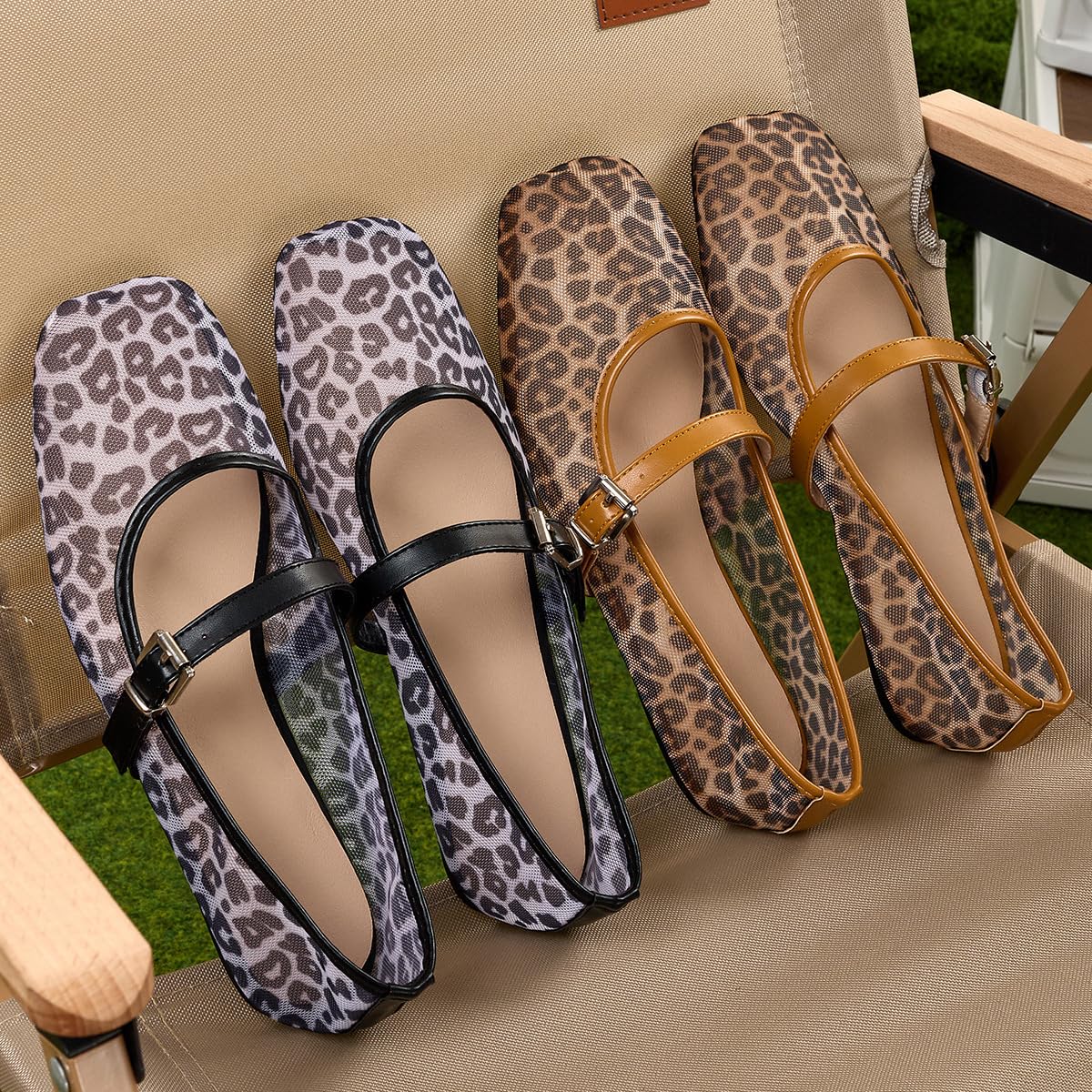 Zapatos planos de ballet de malla con estampado de leopardo para mujer, puntera cerrada cuadrada, zapatos planos Mary Jane de malla transpirable para mujer