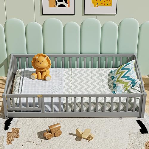 Miniatura 41 de Marco de cama Montessori de madera de tamaño individual con listones de madera, valla y puerta para niños, niñas y niños, espresso (con listones de