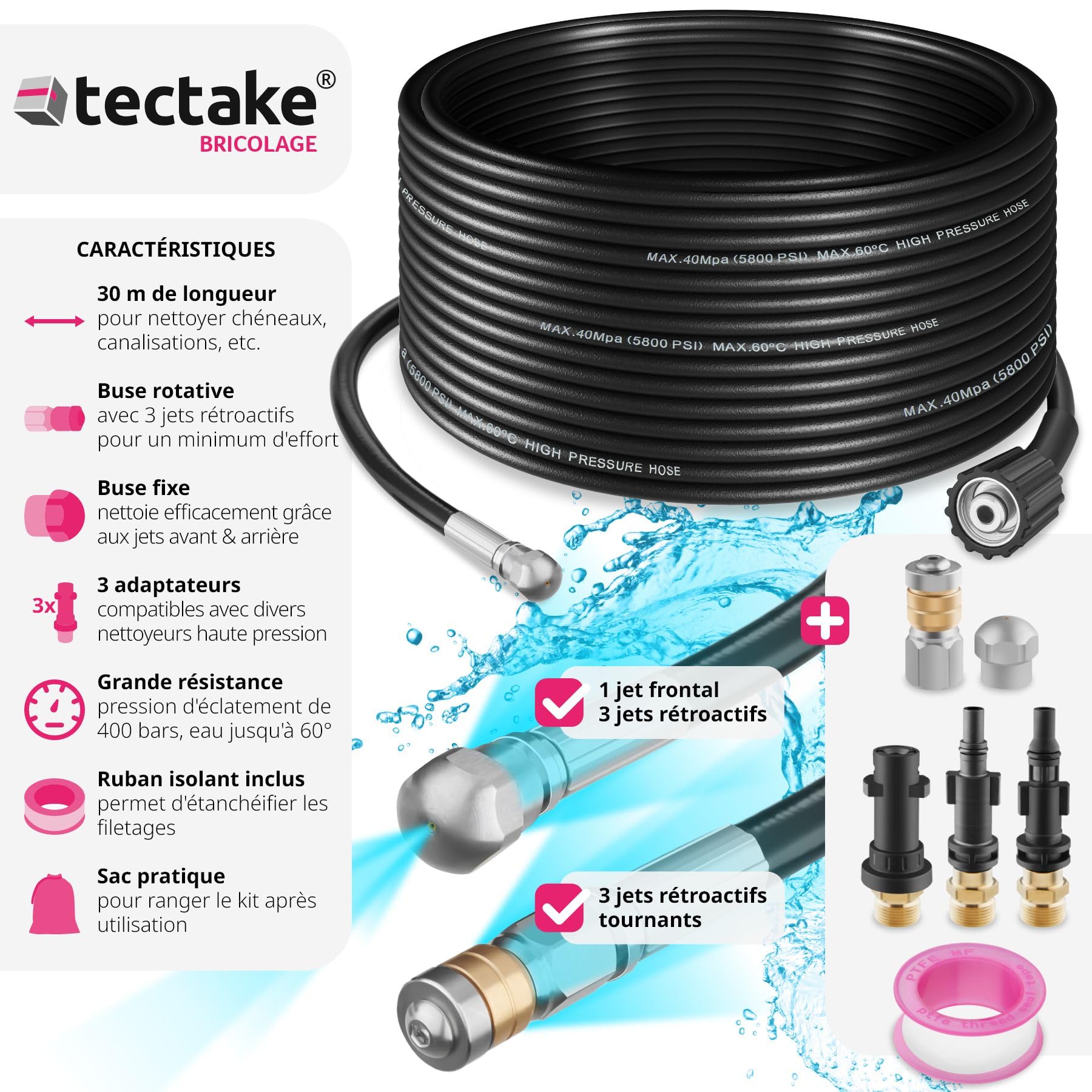 tectake® Set de Tuyau fléxible 30m pour nettoyeurs haute-pression Déboucheur canalisation Déboucheur Evier WC Douche avec 2 buses & 3 adaptateurs, Accessoires nettoyeurs haute pression