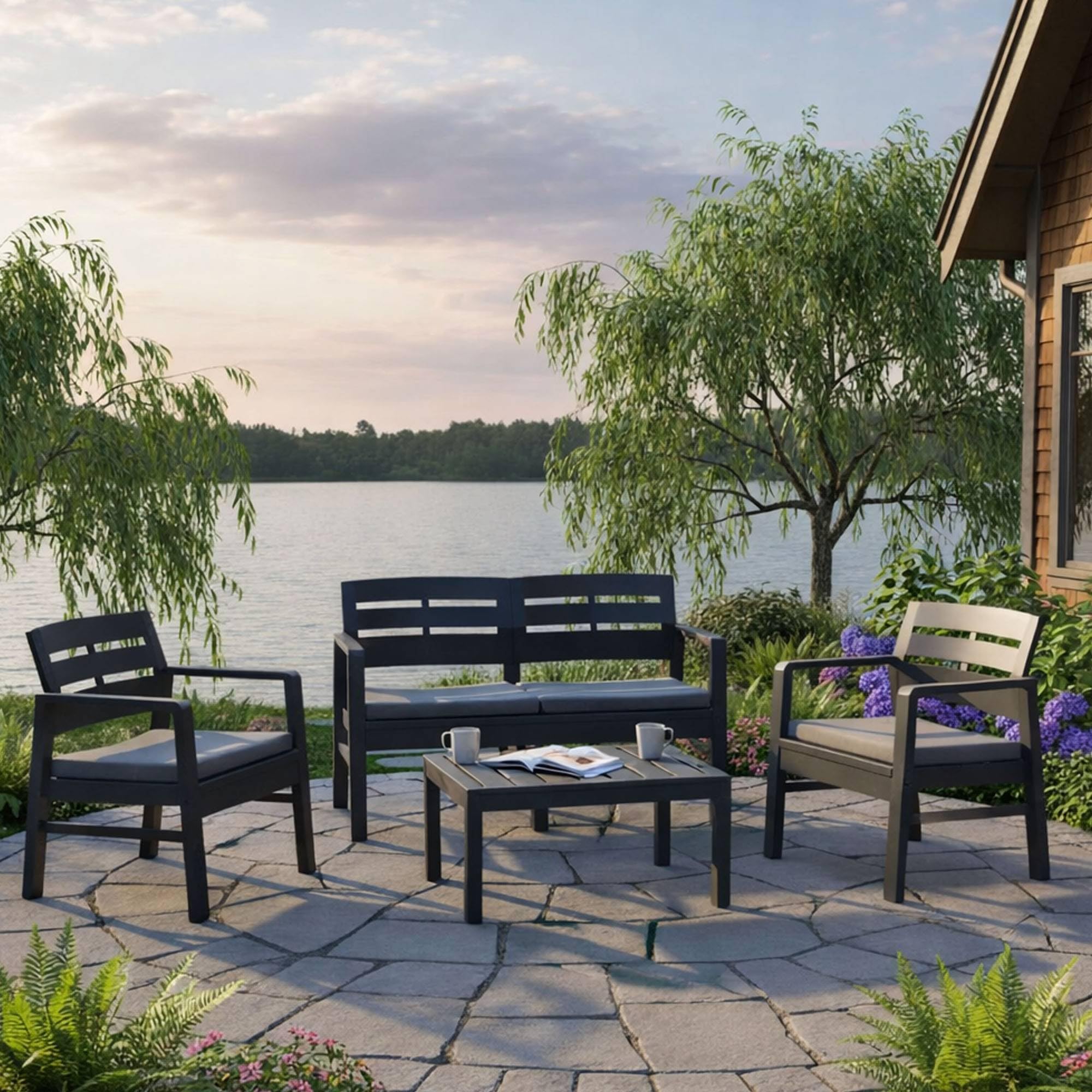 Dmora - Set Salotto da Esterno Massa, Composizione da Giardino con 2 poltrone, 1 Divano ed 1 tavolino, Salottino Indoor e Outdoor con Cuscini, 100% Made in Italy, Antracite