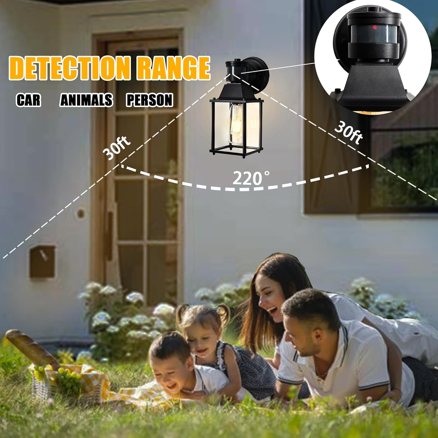 Black Hardwired Outdoor Wall Light with Motion Sensor and Glass Shade