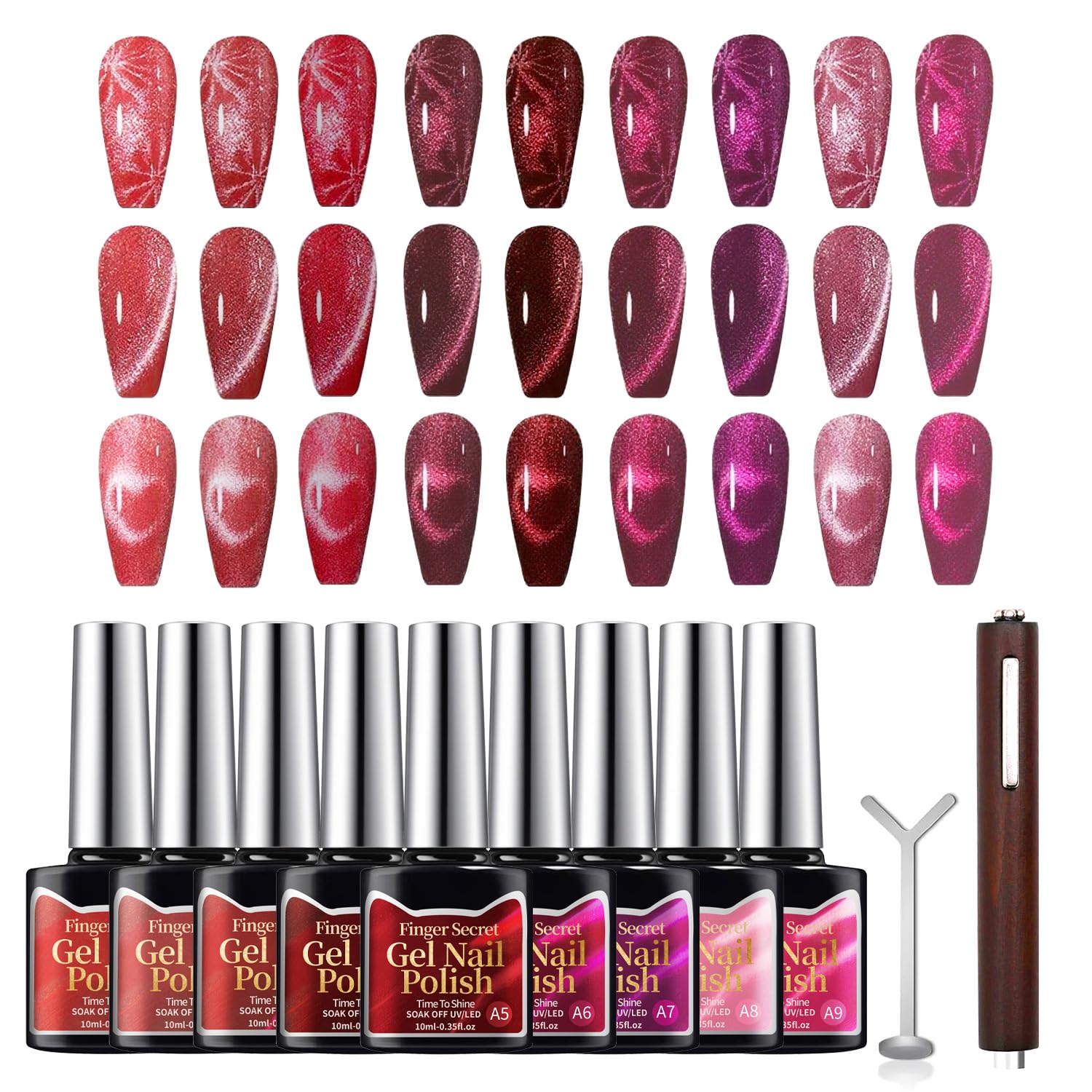 10ml Gel Cat Eye Nail Polish Kit - 9Pcs Cat Eye Magnetic Nail Polish With Magnetic Iron Rod Double Ended Nail Tool, Long-Lasting and Non-Fading Creating Fashionable Manicures