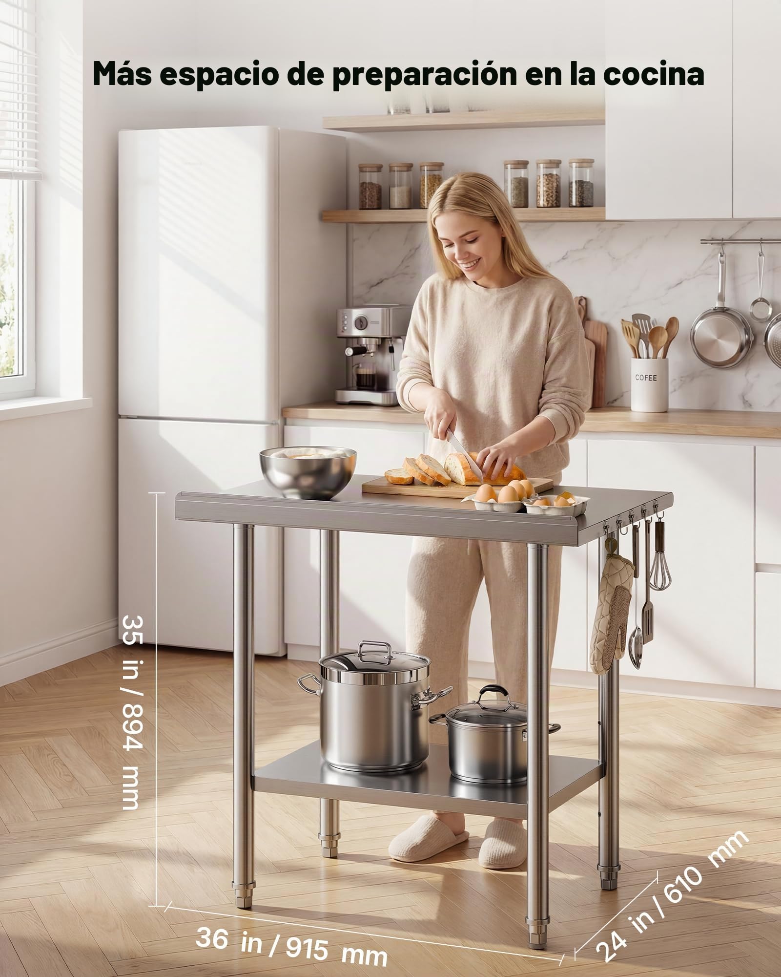 VEVOR Mesa de Trabajo de Acero Inoxidable 2 Niveles, Mesa de Preparación de Alimentos 91,5x61x89,4 cm, Estante Inferior Ajustable, Protector contra Salpicaduras, para Restaurantes, Bares, Hoteles