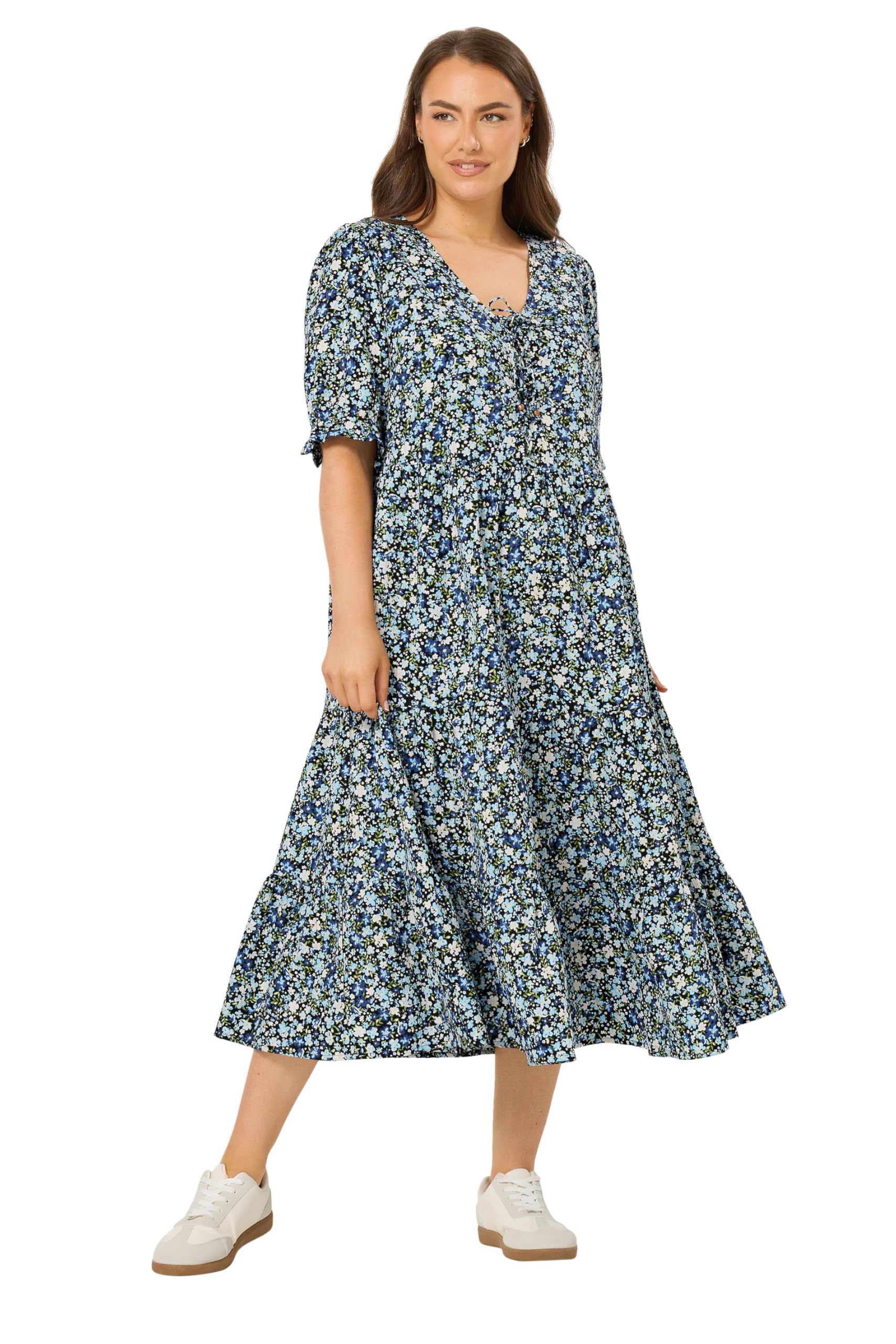 Yours Women's Blue Curve Ditsy Floral Tie Front Dress - Plus Size Curve