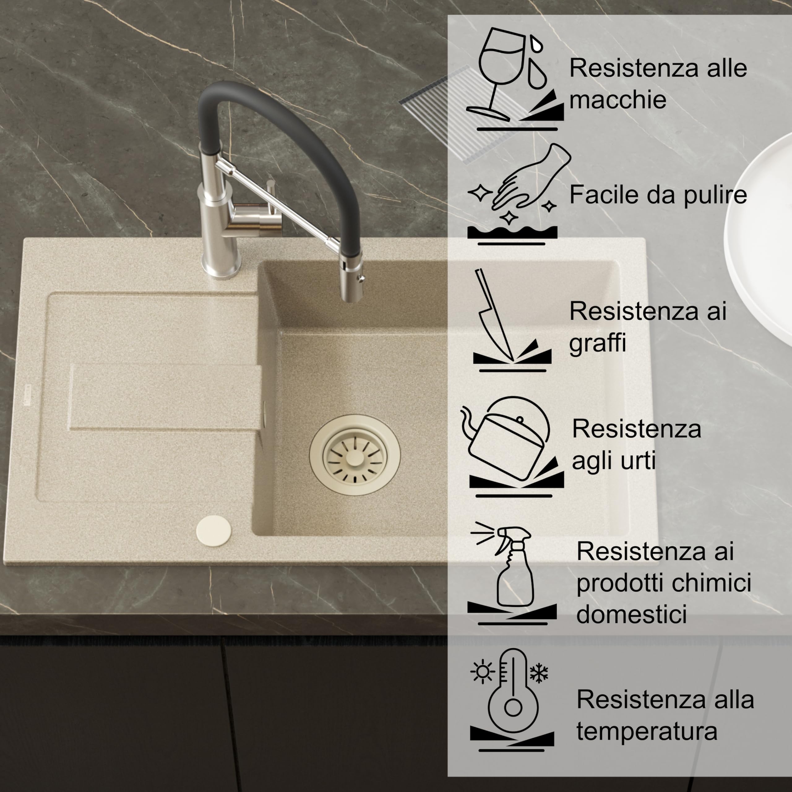 QUADRON Lavello beige | Dimensioni 78 x 45 x 18,5 cm |Lavello in granito CHRISTIAN 136 XL Lavello da cucina a una vasca | manuale e gocciolatoio |Lavello da incasso a 1 vasca
