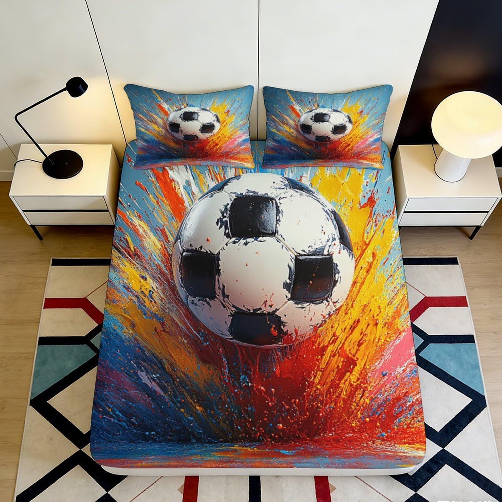 3D Printed Football Splash Fitted Sheet Microfiber Vibrant Soccer Bed Cover for Bedroom Guest Room Mattress Decor 90x200x25cm