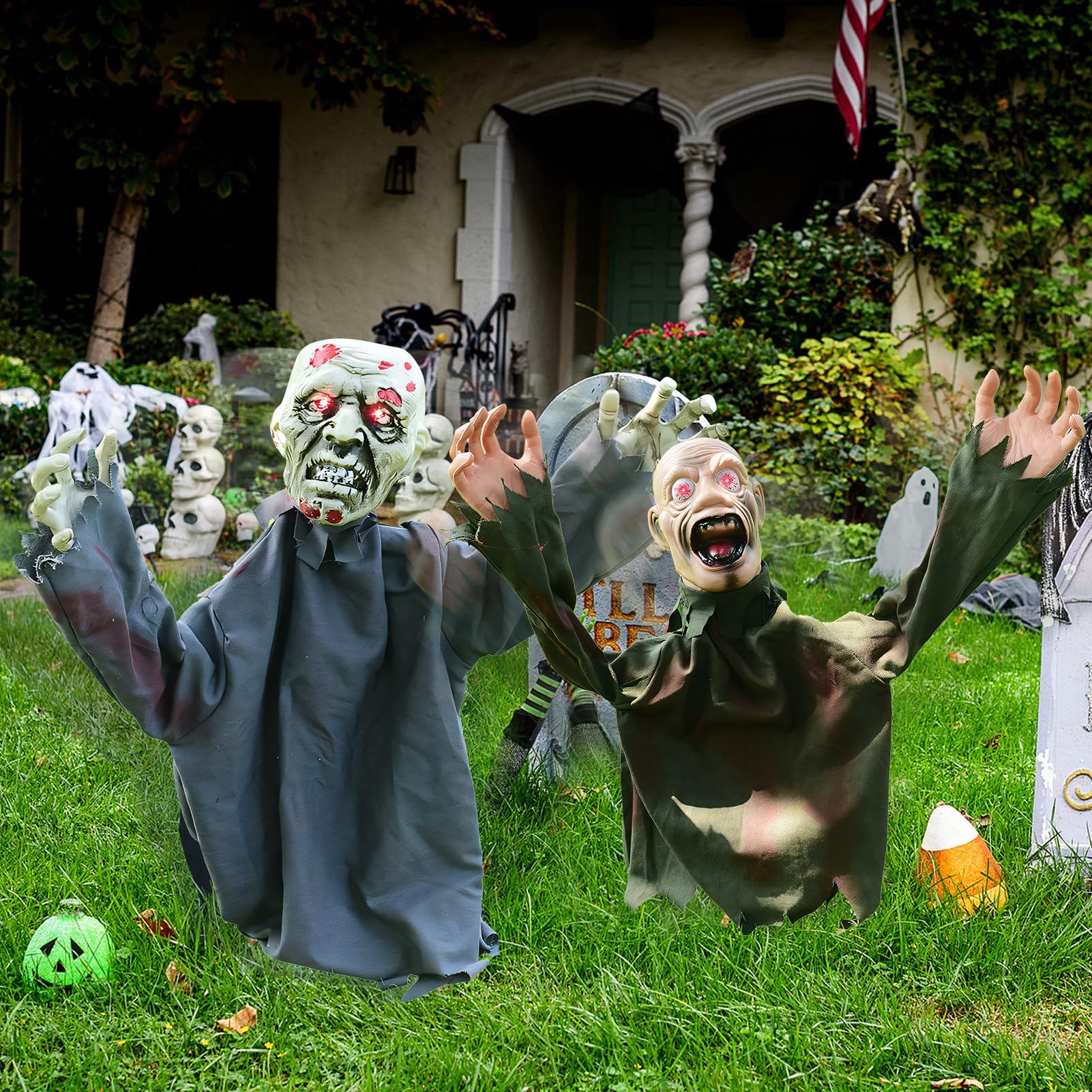 Halloween Animatronic Zombie Groundbreaker, Halloween Deko Gruselig Skelett Zombie mit Leuchtende Augen und Gruseligem Klang, Schwankender Zombie Animiert für Halloween Deko Outdoor, Garten, Rasen (B)