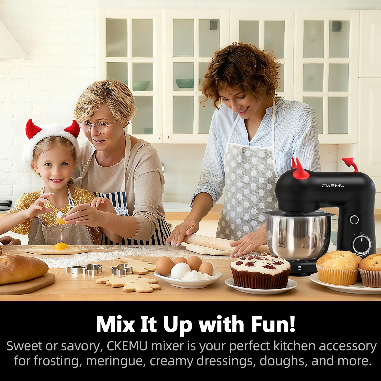 CKEMU Stand Mixer, Compact & Space-Saving, Stainless Steel Bowl, Unique & Playful Design, Effcient 300W Motor, Dishwasher-Safe Attachments view 3