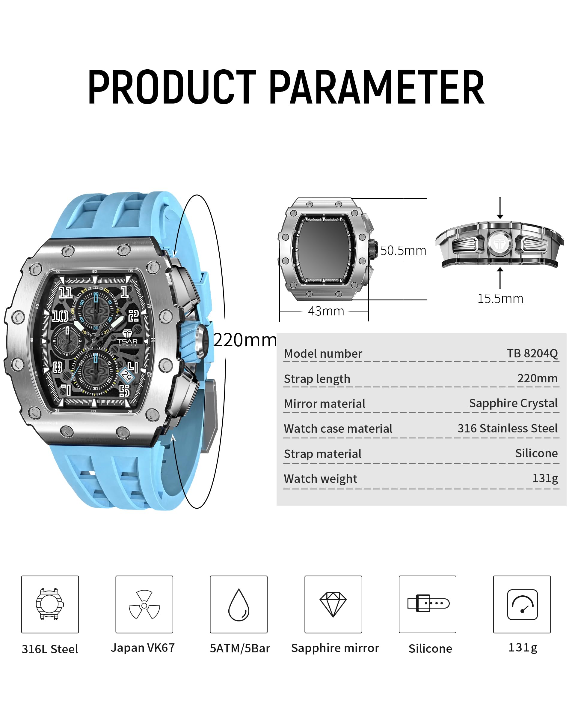 TSAR BOMBA Relojes Cuarzo Hombre Tonel Lujo Reloj de Pulsera Cristal Zafiro Movimiento Japonés Impermeables 50M Luminoso Fecha Esqueleto Cuadrados Analogico Deportivo Cronógrafo Reloj de Hombre