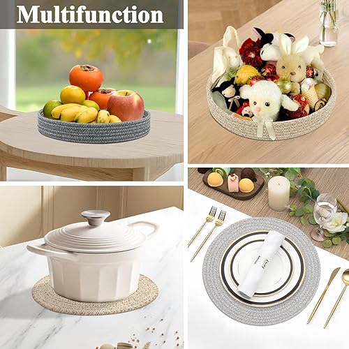 Miniatura 6 de Juego de 6 manteles individuales redondos con soporte, manteles individuales tejidos de cuerda de algodón, almohadillas calientes para cocina,