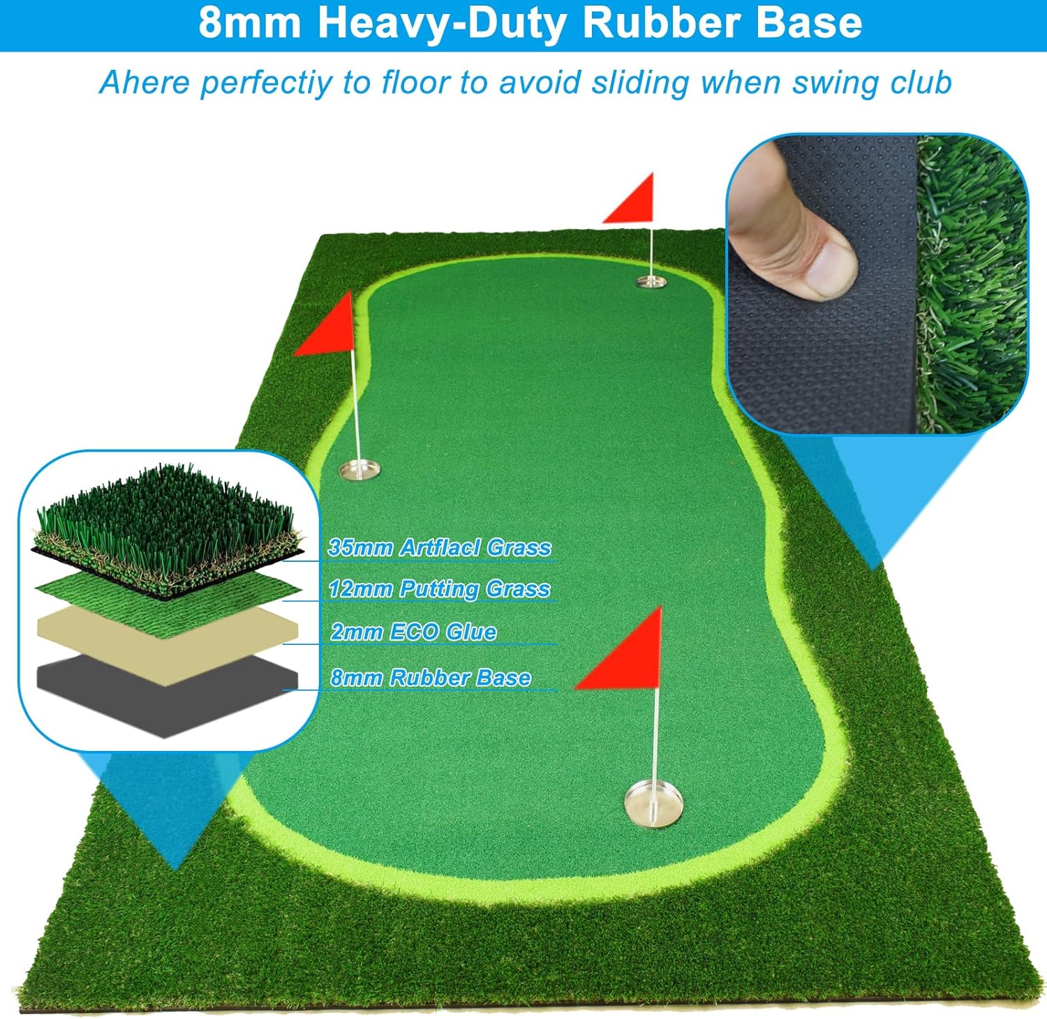Golf Putting Green, Large Professional Golf Training Mat, Realistic Artificial Grass Turf,Golf Turf Mat with 3 Flags, Golf Game Kids, Putting Practice Green Mat for Indoor Outdoor