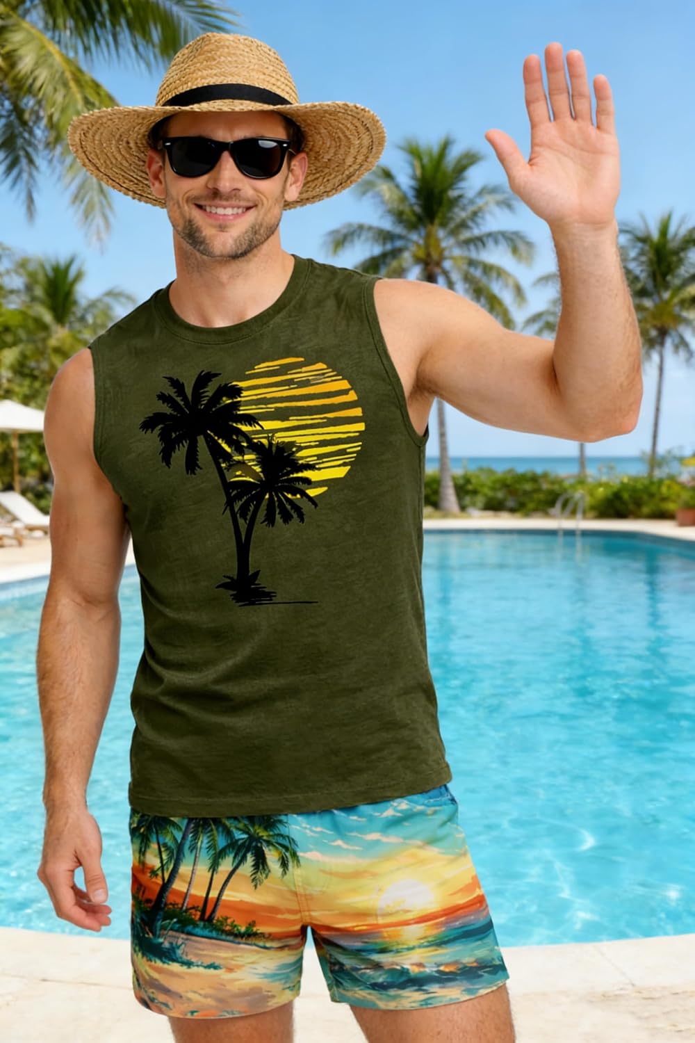 Beach Tank Top Men Hawaiian Palm Tree Sleeveless Shirt