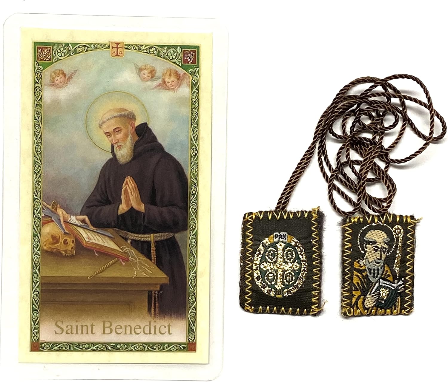 St Benedict Laminated English Prayer Card with Brown Scapular 2 pc Set Protection Religious Gift