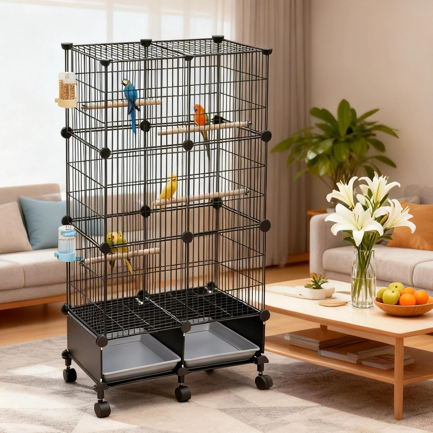 46-Inch Medium-Sized Metal Bird Cage with Wheeled Stand and Removable Tray, Suitable for Birds Such as African Grey Parrots Canaries Conures and Pigeons