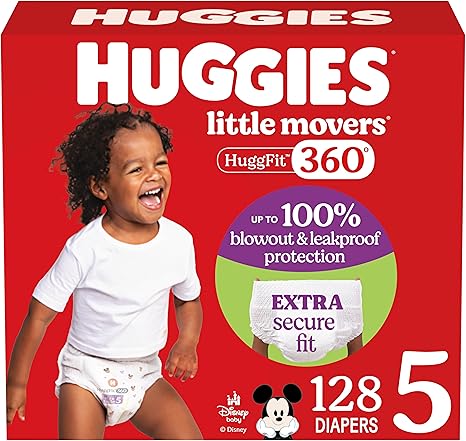 Huggies Size 5 Baby Diapers, Little Movers HuggFit 360° Baby Diapers with 360° Waistband, Size 5 (27+ lbs), 128 Count (2 Packs of 64), Packaging May Vary