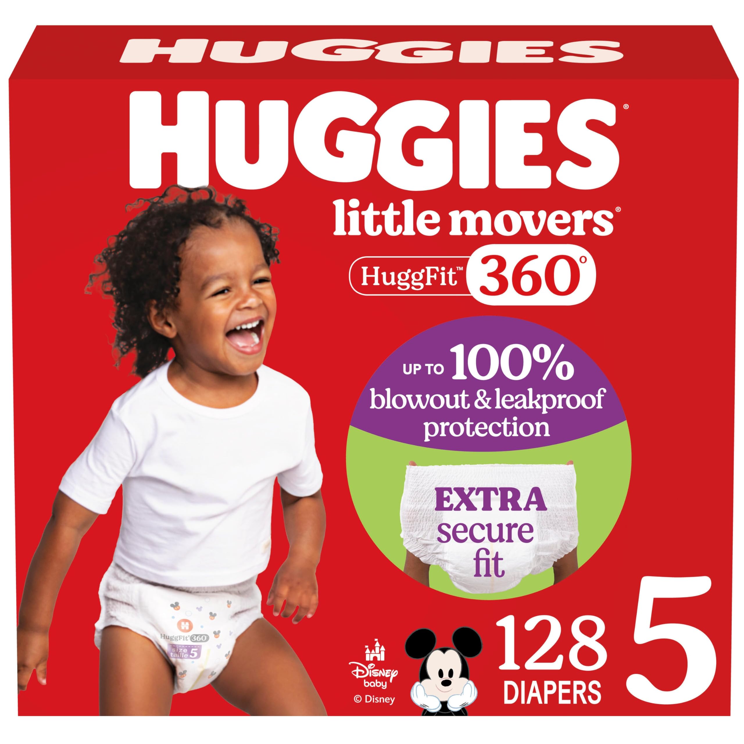 HUGGIESSize 5 Baby Diapers, Little Movers HuggFit 360° Baby Diapers with 360° Waistband, Size 5 (27+ lbs), 128 Count (2 Packs of 64), Packaging May Vary