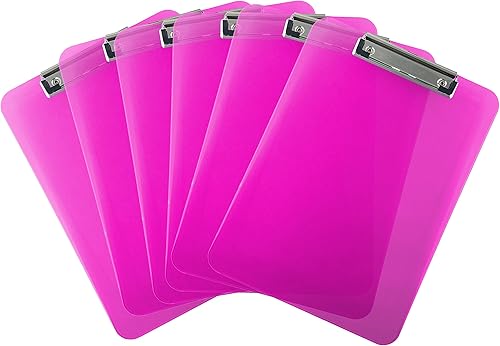 Portapapeles Trade Quest de plástico transparente, de colores, tamaño carta, con clip (pack de 6 unidades), Rosado