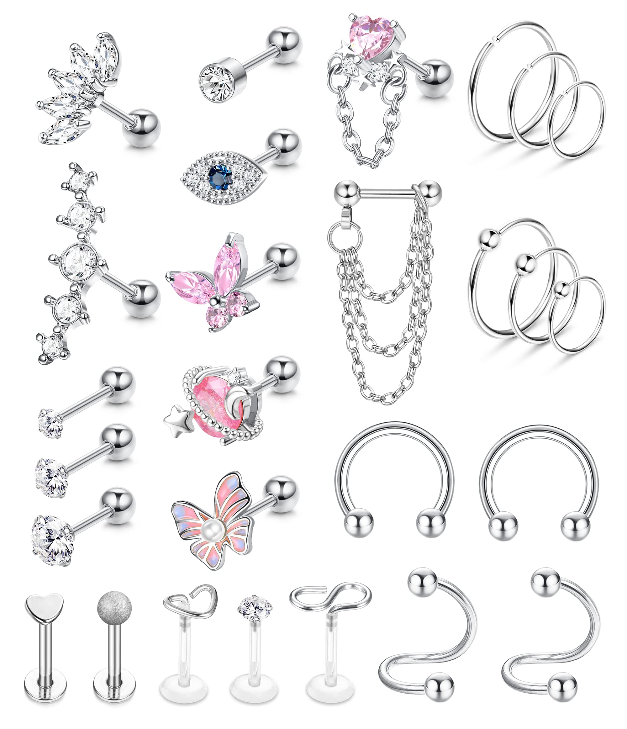 JeweBella27Pcs 16G Cartilage Earrings Surgical Steel Helix Piercing Jewellery Helix Tragus Earrings Stud Hoop Set Daith Tragus Conch Piercing Jewellery CZ Ball Back Earrings for Women Silver/Gold