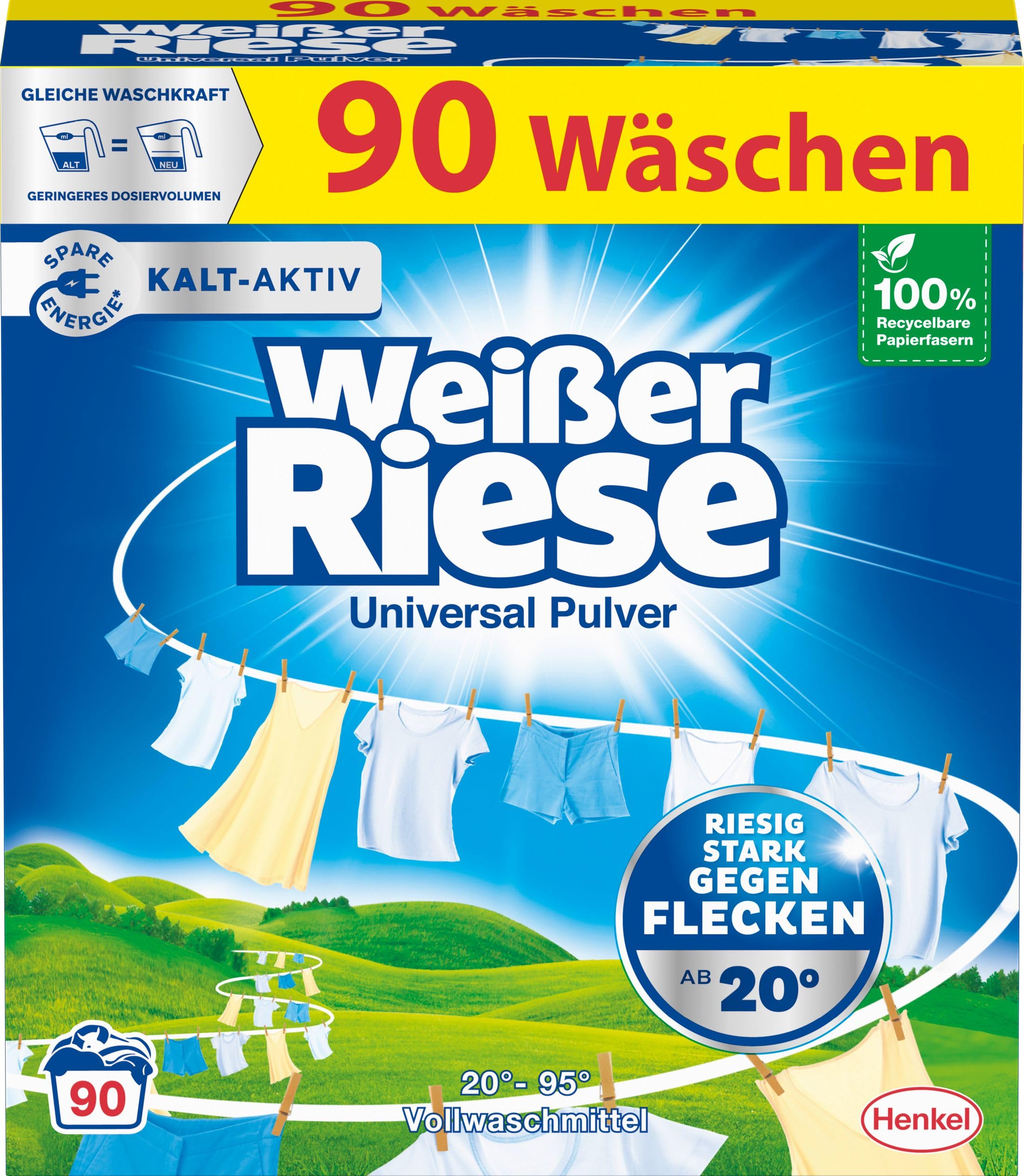 Weißer Riese Universal Pulver 180 Waschladungen (2x 90 WL), Vollwaschmittel wirkt riesig stark gegen Flecken, Kalt-Aktiv schon ab 20° C, ergiebiges Waschpulver, ideal für Familien mit Kindern