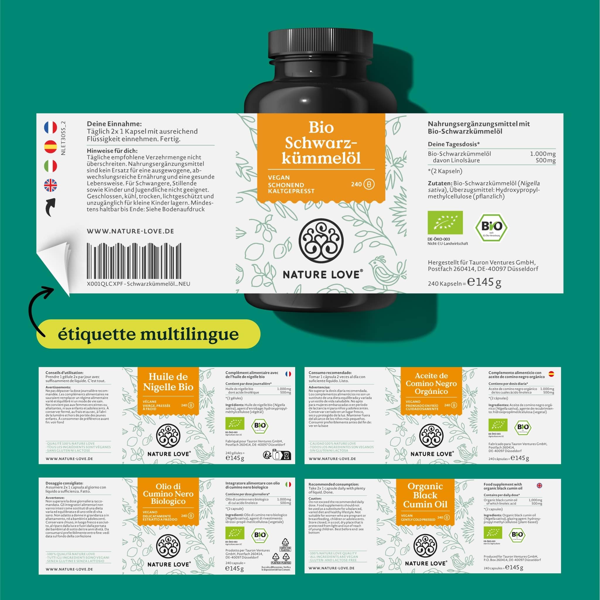 NATURE LOVE® Huile de Nigelle Bio - 240 gélules véganes - hautement dosé : 1000mg d’huile de nigelle égyptienne par dose journalière - dont 50% d’acide linoléique - contrôlée en laboratoire