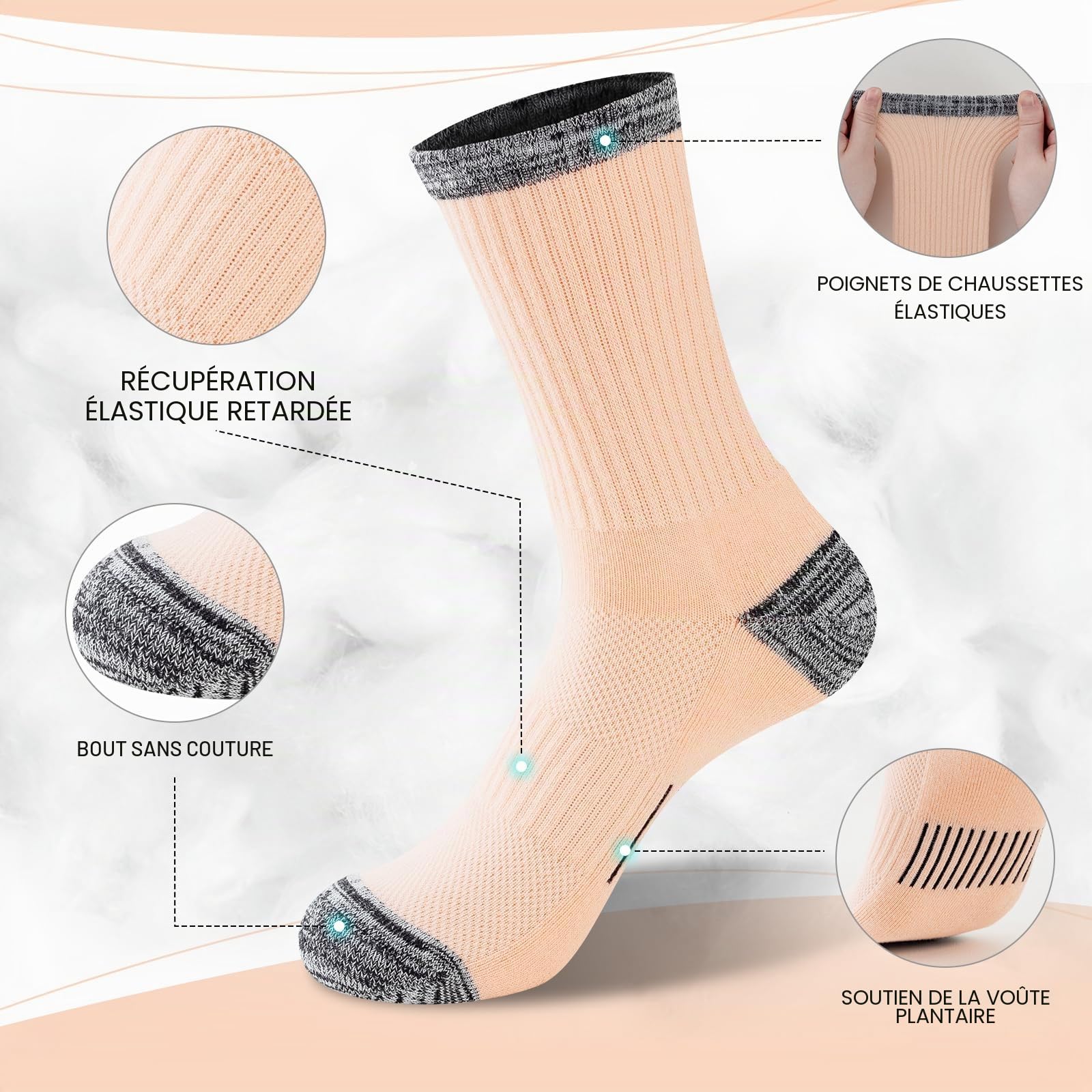Chaussettes Femme 39-42 35-38, Chaussettes Femme Sport Respirantes Rembourrage Chaudes Coton Randonnée，Extérieur Anti-ampoules Épaisses Bottes Chaussettes de Courir Femme Multicolore 6 Paires