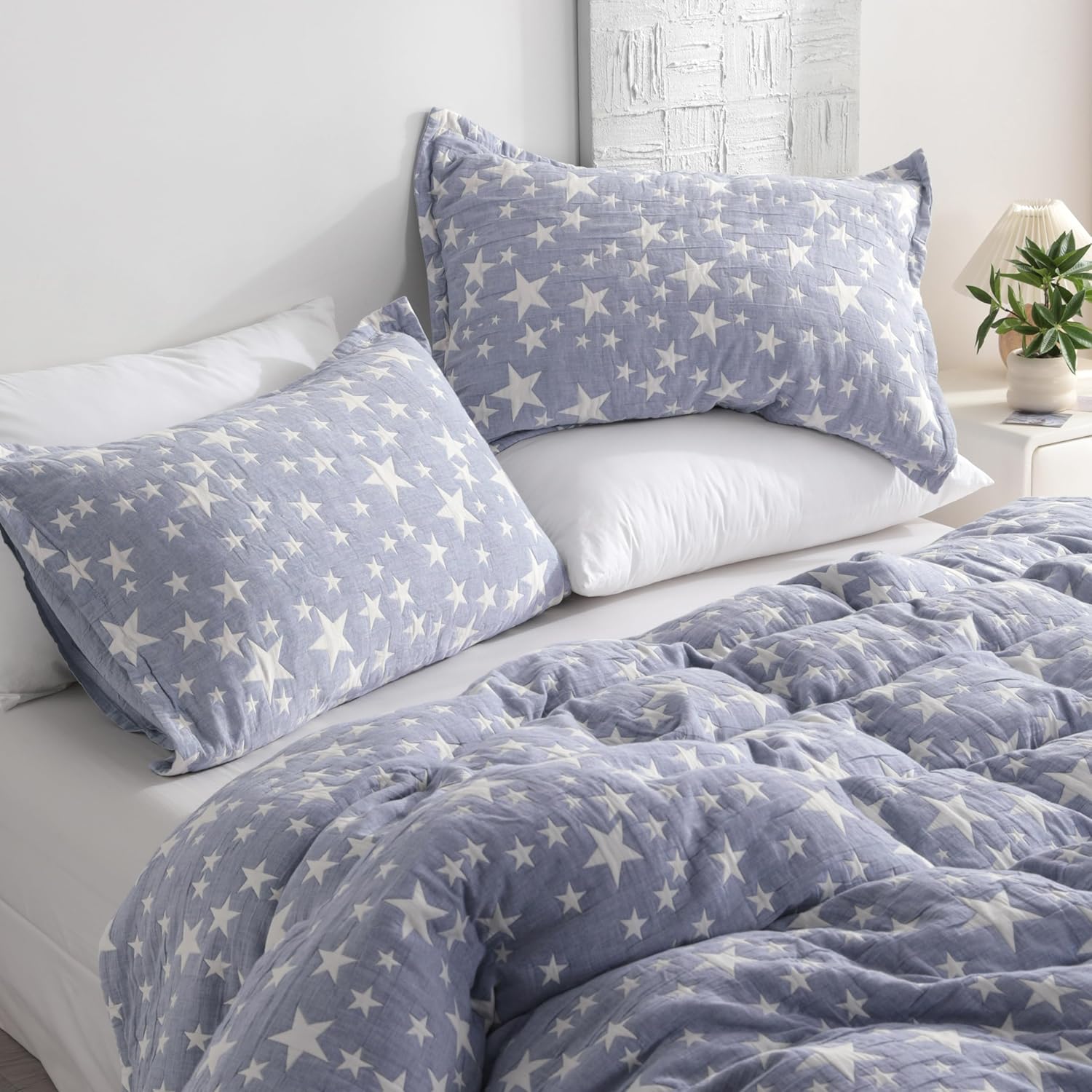 NTBAY Cotton King Pillow Shams, 3 Layer Muslin Breathable Soft Thermal Yarn Dyed Sham Covers, 2 Pack 20x36 Oxford Pillowcases with Envelope Closure, Blue Stars - Image 6