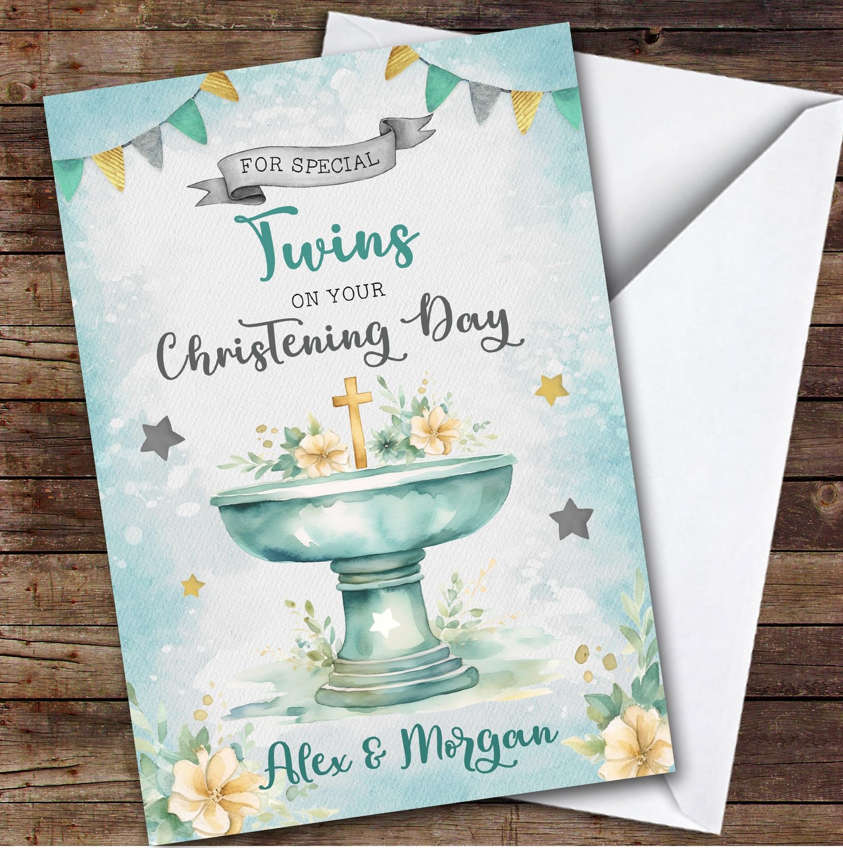 Personalised Christening Day Card For Twins Boys Cross Font Green | Custom Greetings Card For Christening Day Any Text Inside & Out