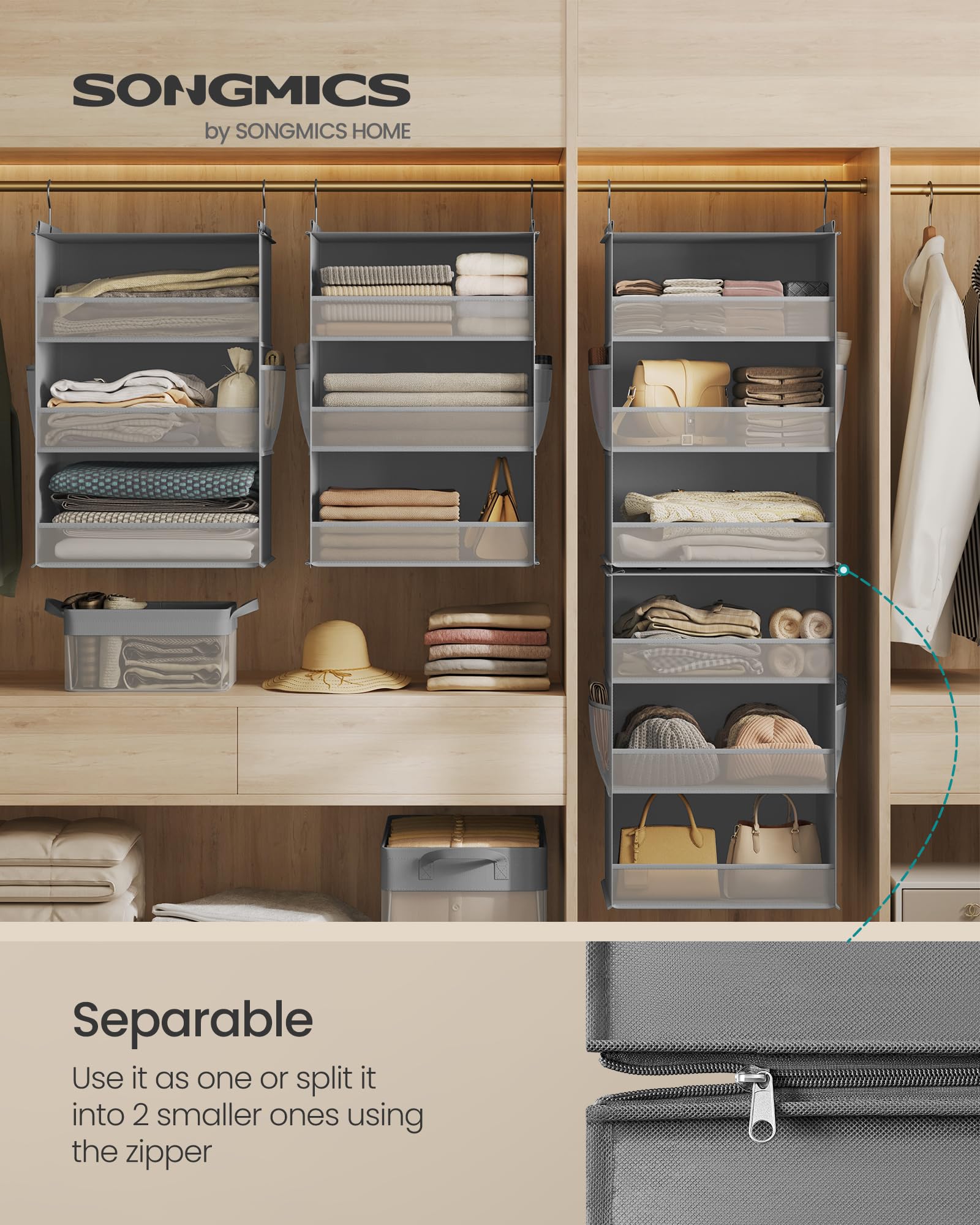 SONGMICS Hanging Closet Organizer, 6-Tier Fabric Storage Shelf, Separable Closet Hanging Shelf with Side Pockets, Foldable, Metal Hooks and Bamboo Inserts, Dove Gray URCH007G01