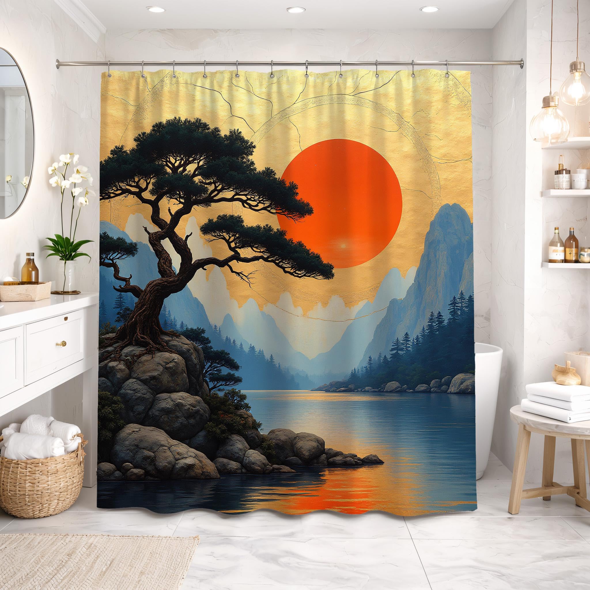 LMYCHENG Abstract Gold Red Sun Bathroom curtain, Bonsai Art Shower Curtain, Landscape Decor, Mountain Print Polyester fabric(180x180cm/71x7in(WxH)/)