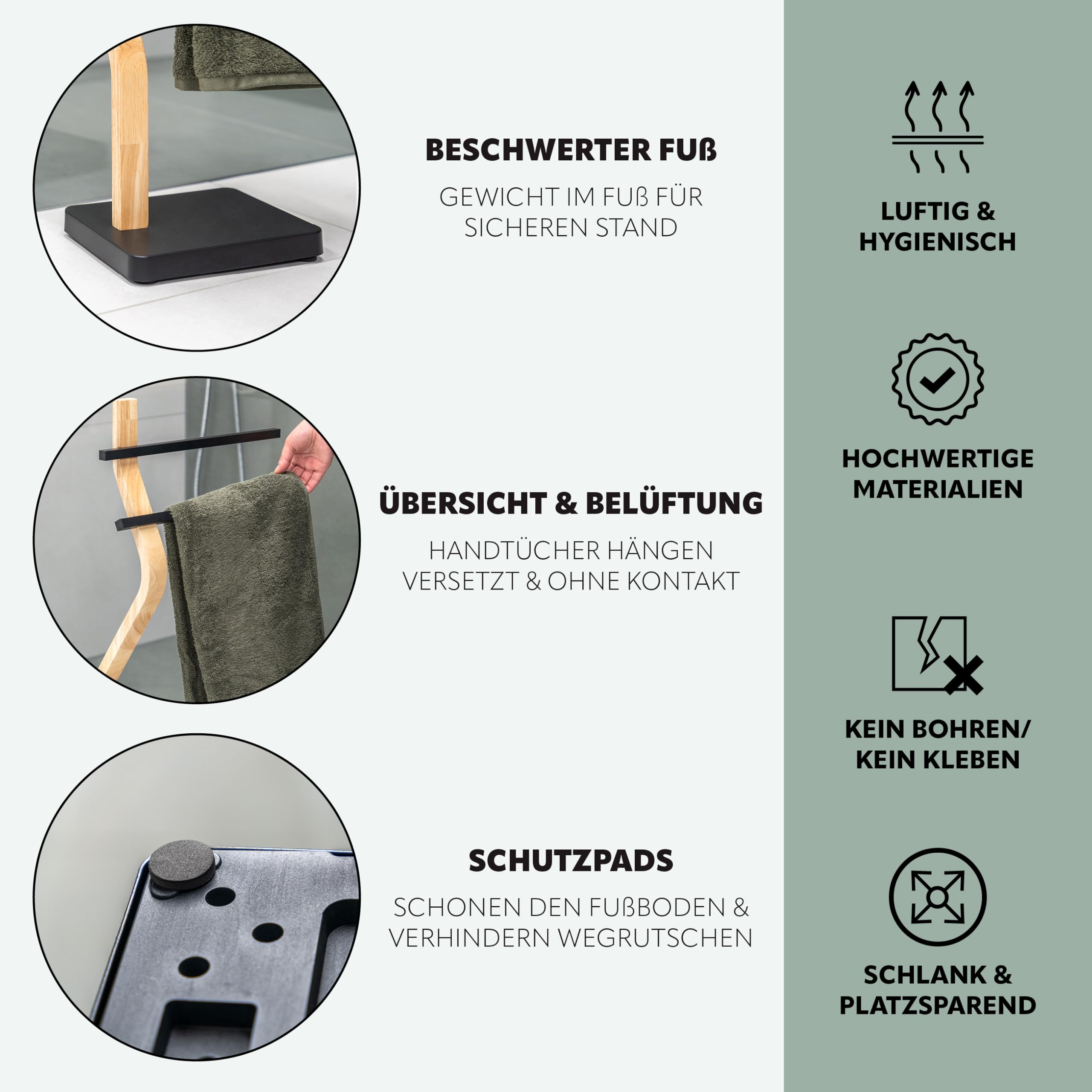 eluno Stand-Handtuchhalter freistehend, 2 Stangen für Handtücher, moderner Handtuchständer aus FSC-zertifiziertem Holz und Metall (Schwarz)