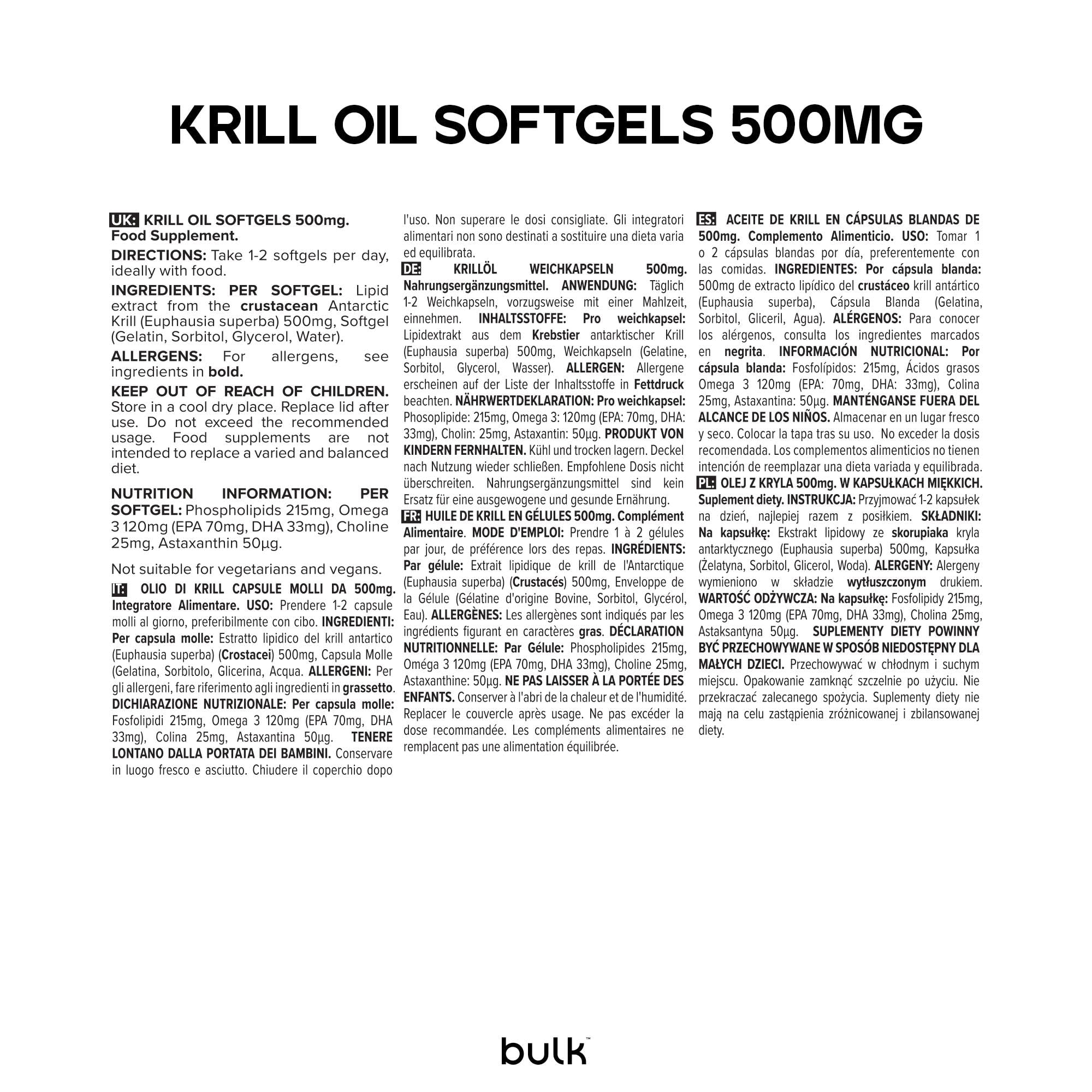 Bulk Gélules d'huile de krill, 500 mg, paquet de 180