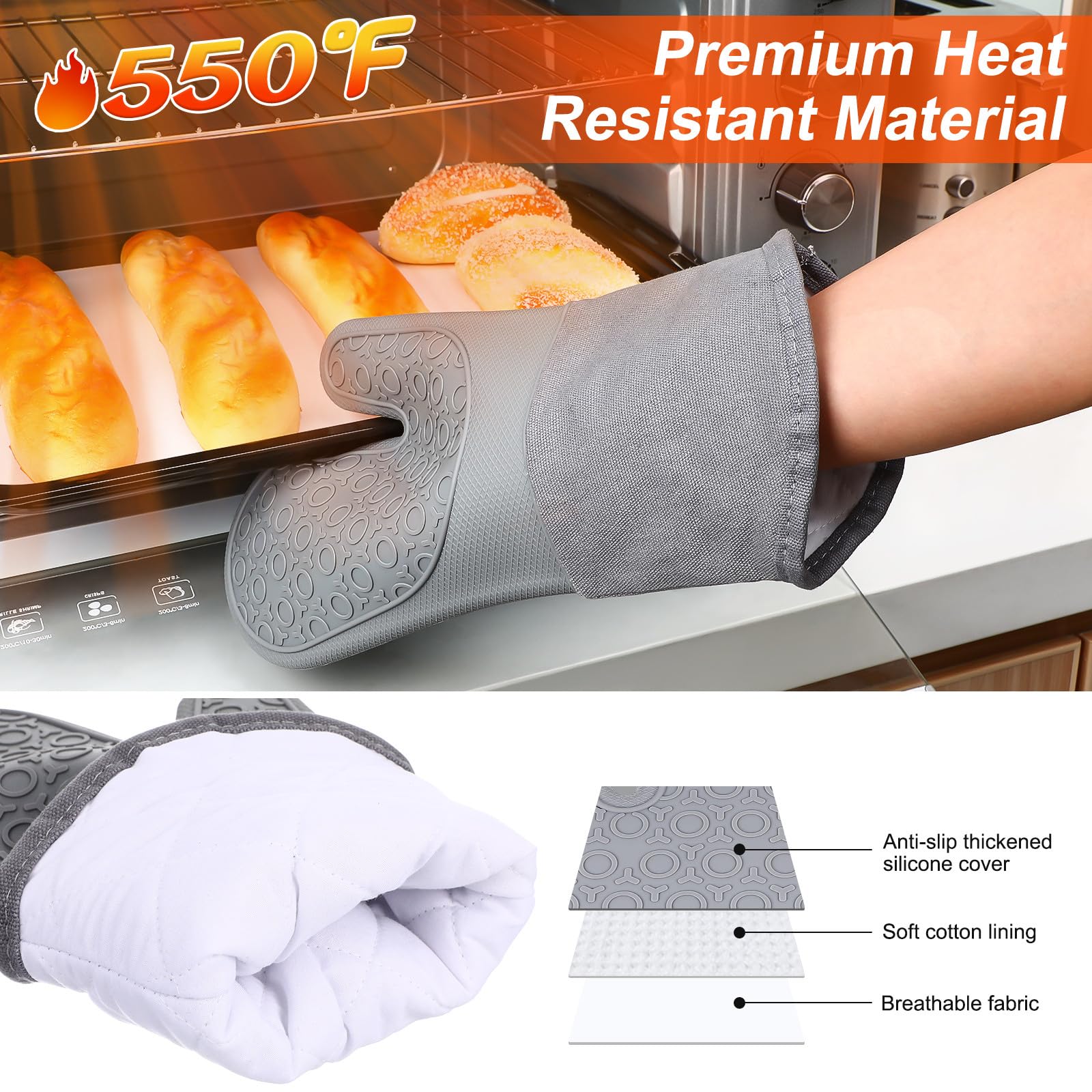 Ofenhandschuhe 5 Stück Hitzebeständig rutschfest mit Silikonbeschichtung Kochhandschuhe mit Langem Schutz für Backen Grillen und Kochen