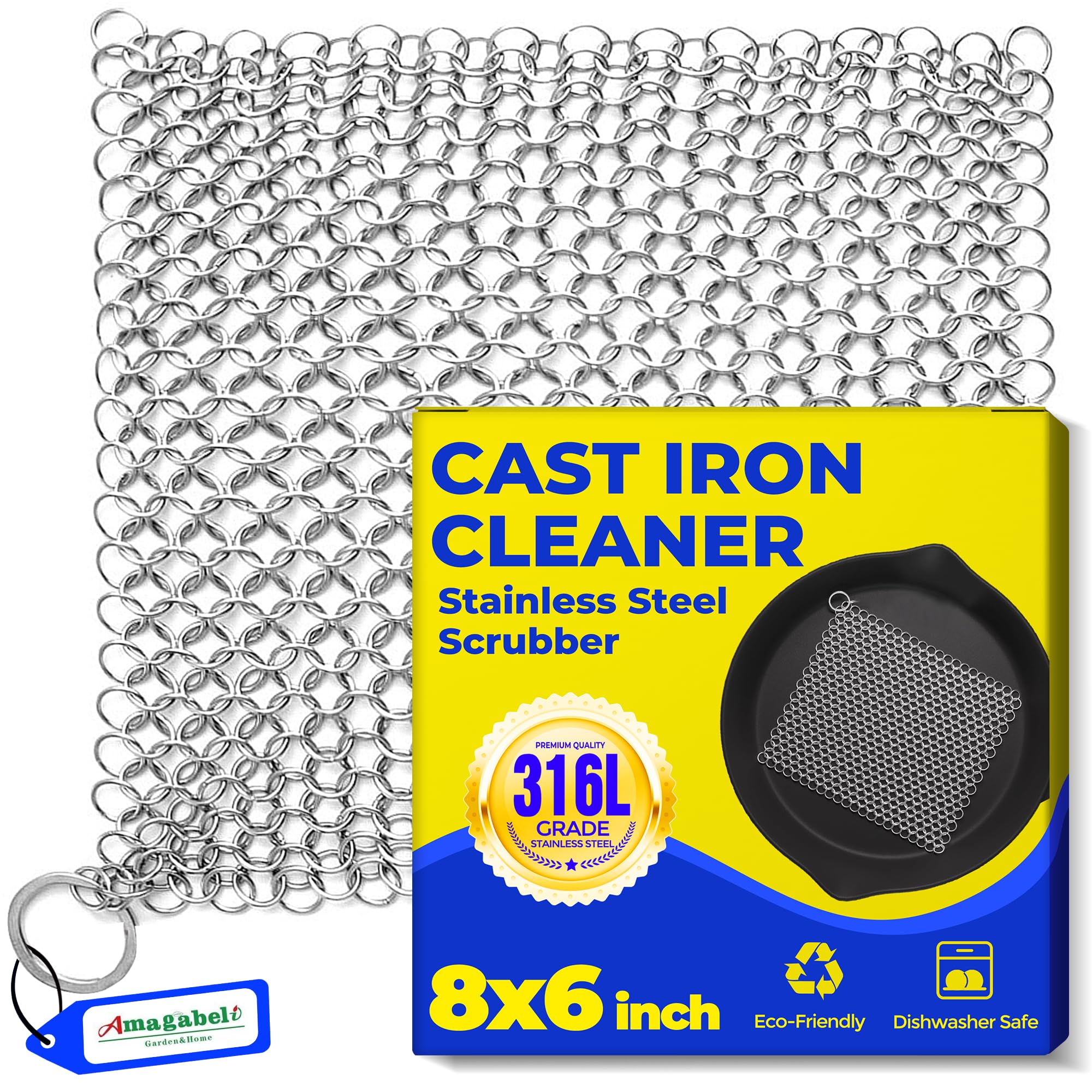 Amagabeli Garden Home Cast Iron Cleaner 8"x6" Rectangle Metal Scrubber with Hanging Ring 316 Premium Stainless Steel Chainmail Scrubber for Cast Iron Pans CS03