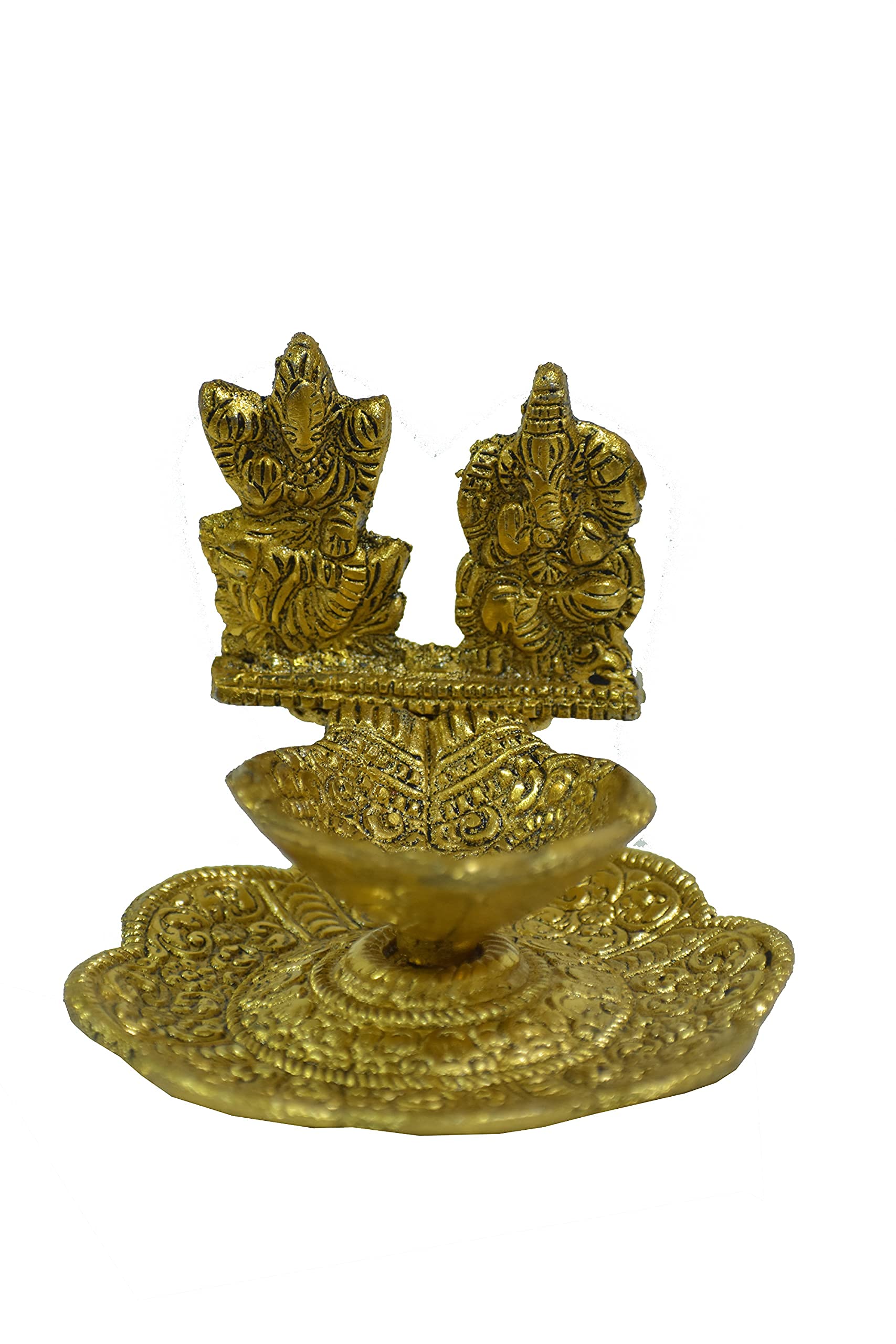 Metal Lakshmi Ganesh Diya Diwali Pooja Spiritual Sculpture Indian Décor Antique Lakshmi Ganpati Statue for Home, Entrance, Temple Decoration and Gifting (Size-3")