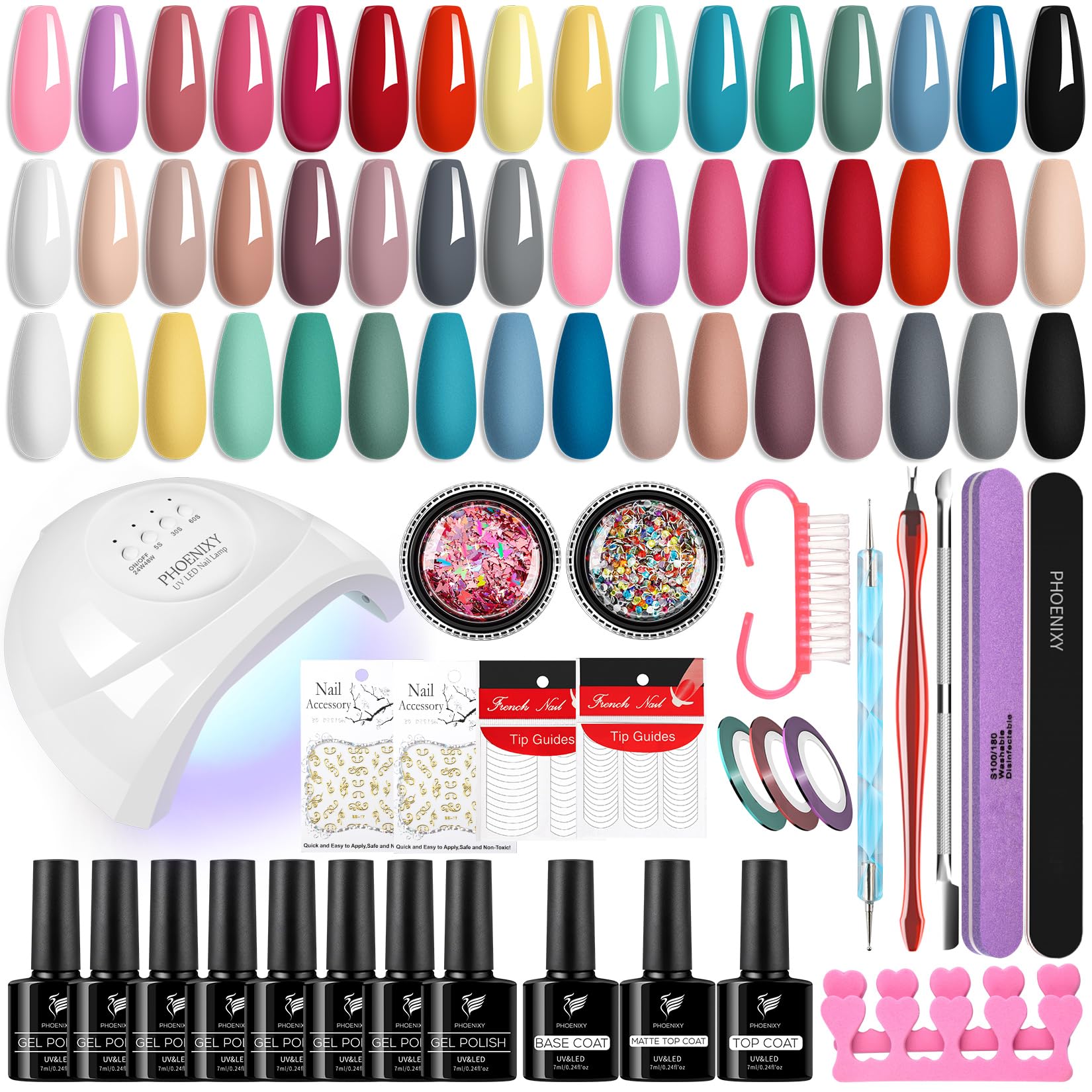 Phoenixy Kit Uñas Semipermanentes, 24 Colores Uñas Semipermanentes Set Completo con 48W Lampara Uñas Semipermanentes, Regalos para Mujeres Kit Manicura Semipermanente