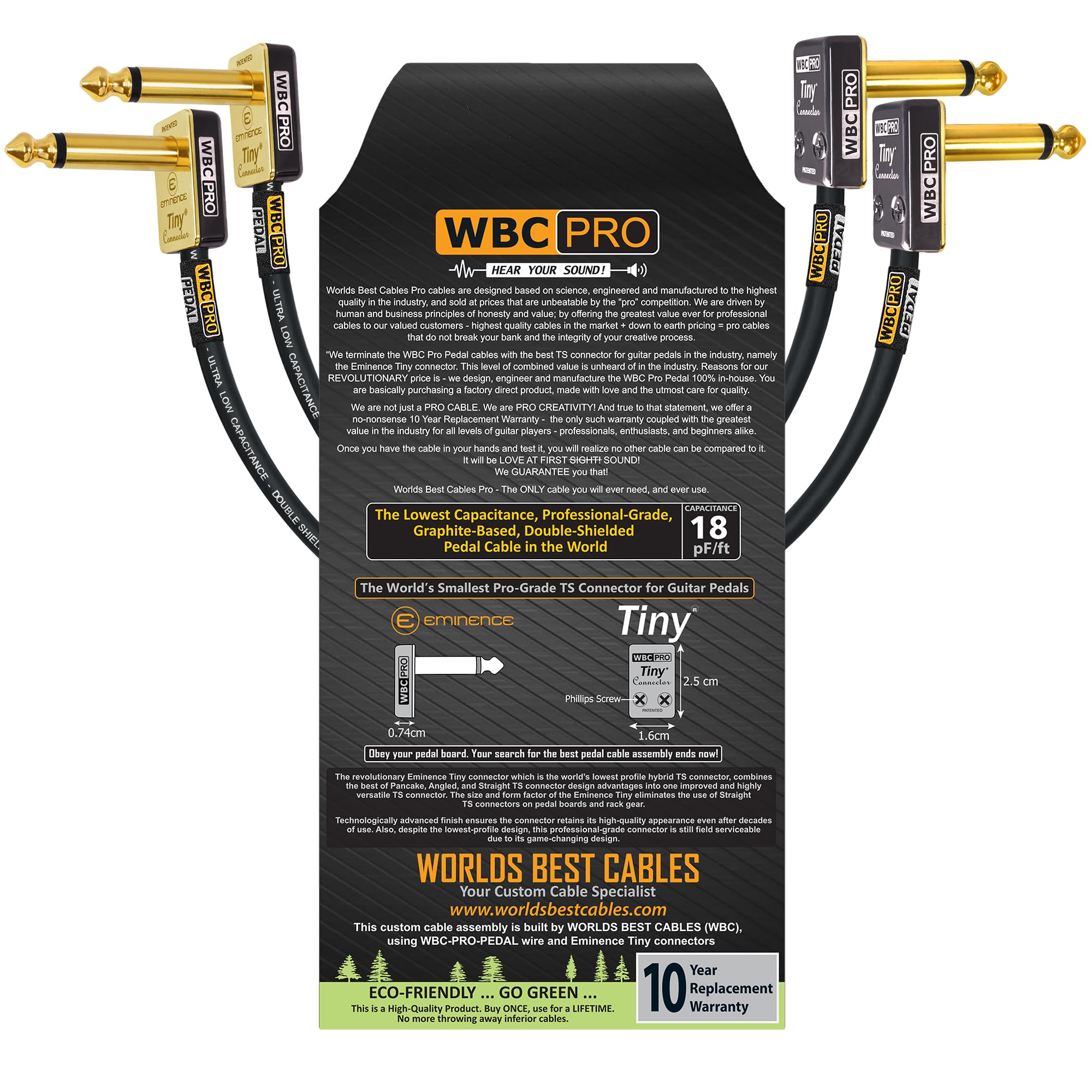2 Units - 25 CM - WBC-PRO-PEDAL 22 AWG - Low-Cap (18pF/ft) Pro-Grade Graphite-based - Dual-Shielded Pedal, Effects, Patch, instrument cable with Eminence Tiny Gold Plated Angled TS Connectors
