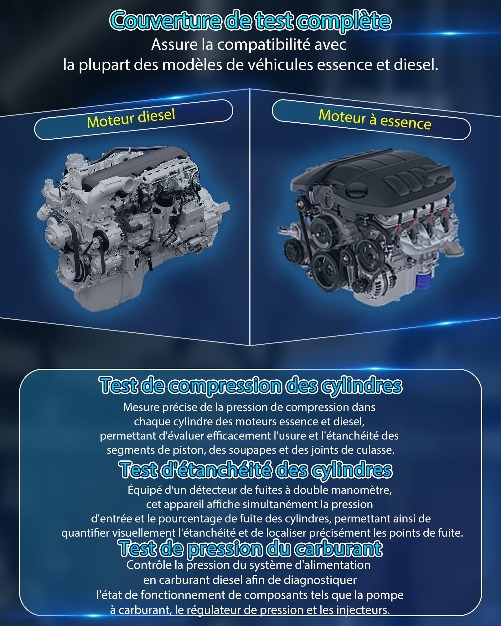 46 Pièces Kit de Testeur de Compression Automobile avec Manomètre à Double Cadran Diesel & Essence Compressiometre Test d'étanchéité cylindres Test Perte Pression pour HDi, TDCi, Pompe Injection (PD)