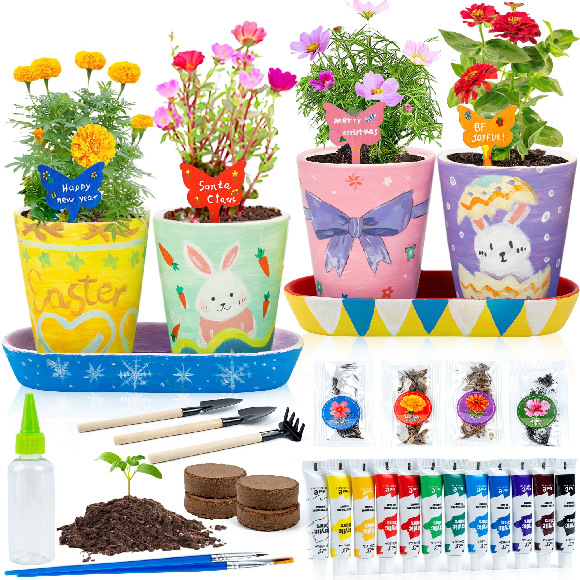 Kit de jardín de flores para pintar y plantar con 4 macetas, el mejor kit de arte y manualidades de cumpleaños para niños y niñas de 5 a 12 años