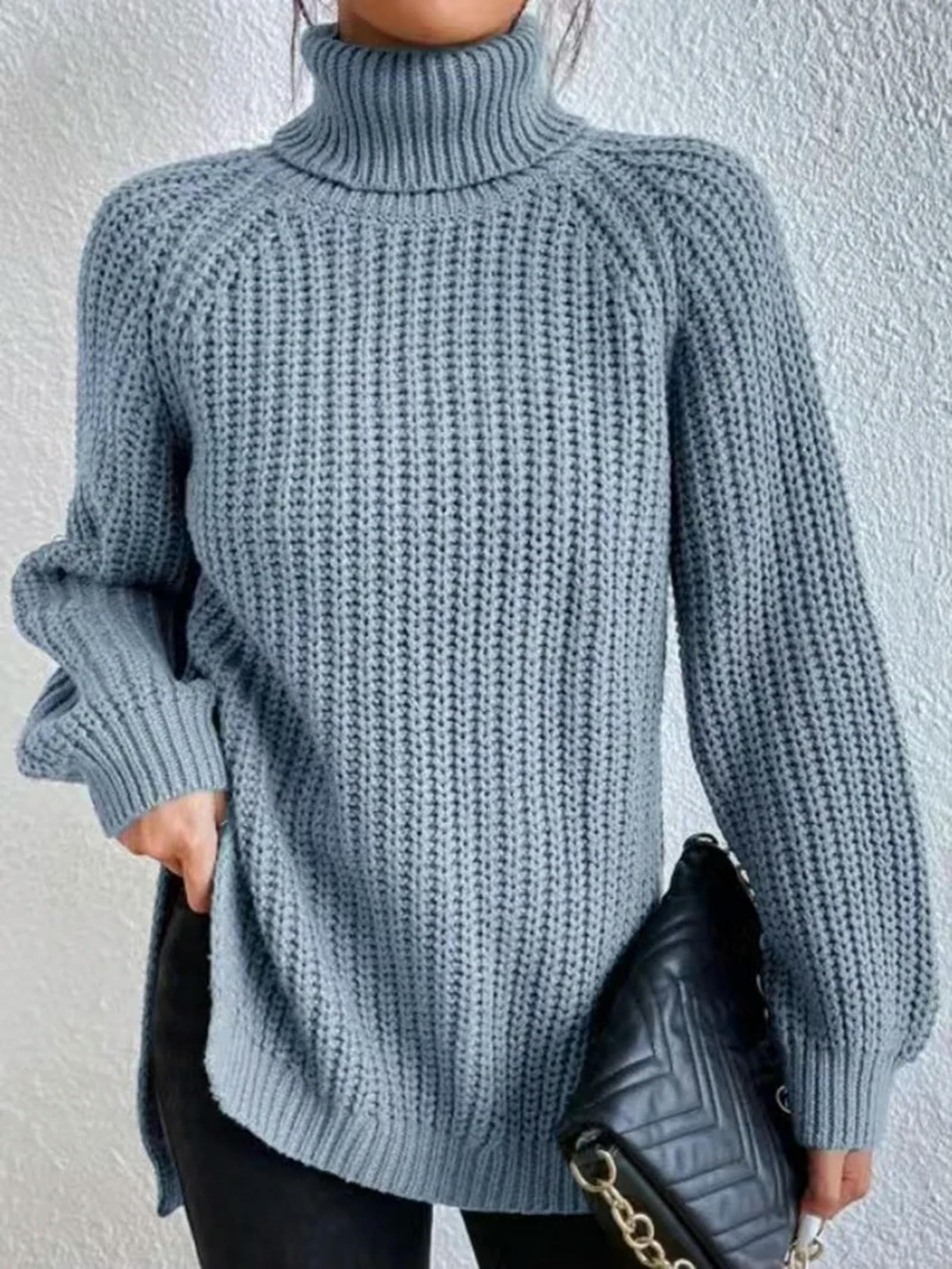 Sweter dla kobiet jesień zima luźny długi rękaw golf sweter damski jednolity kolor miękki sweter z dzianiny średniej długości