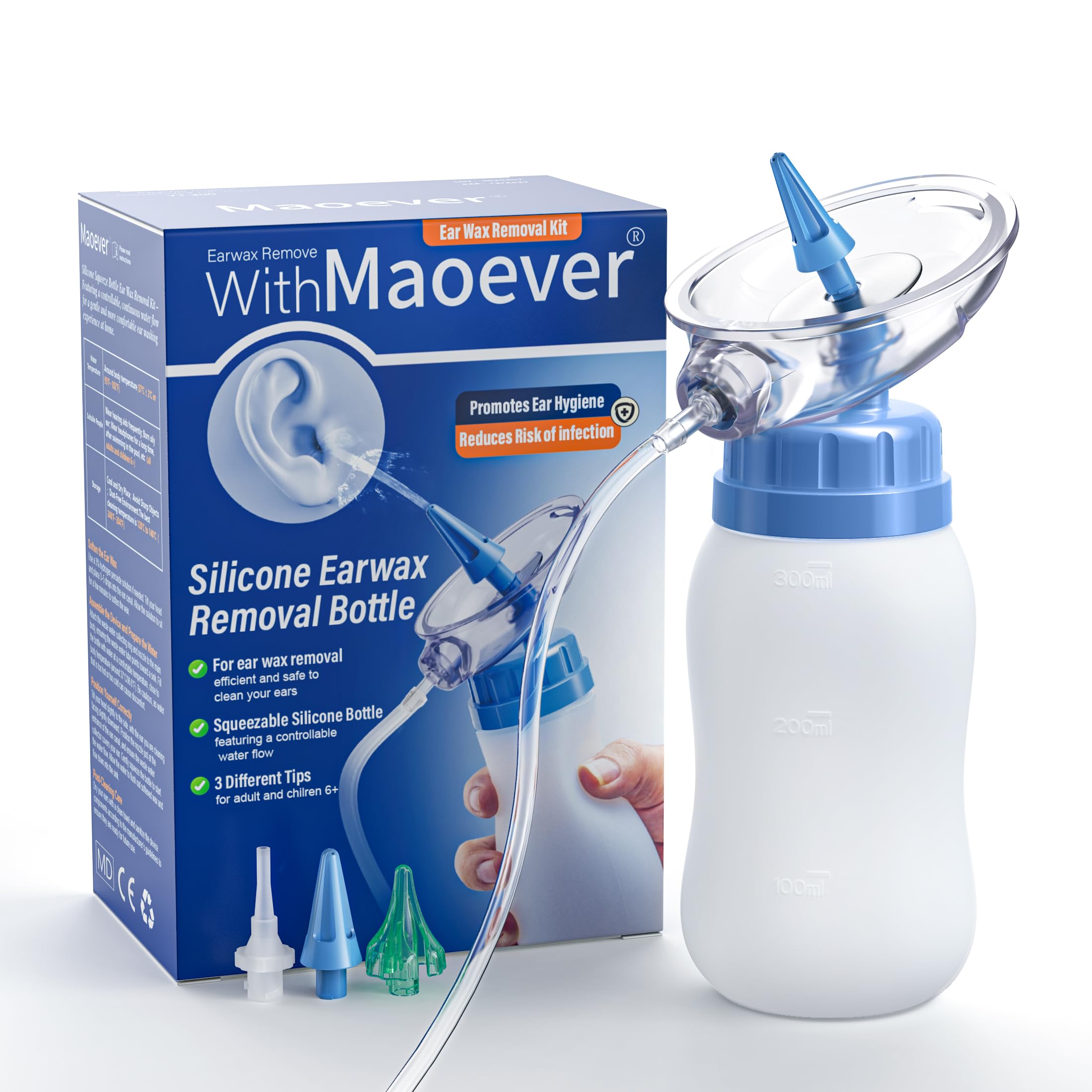 Ear Wax Removal Kit, Squeezable Silicone Ear Cleaner with Earmuff for Waste Water Recycling, Gentle & Effective Ear Irrigation Tool (Blue)