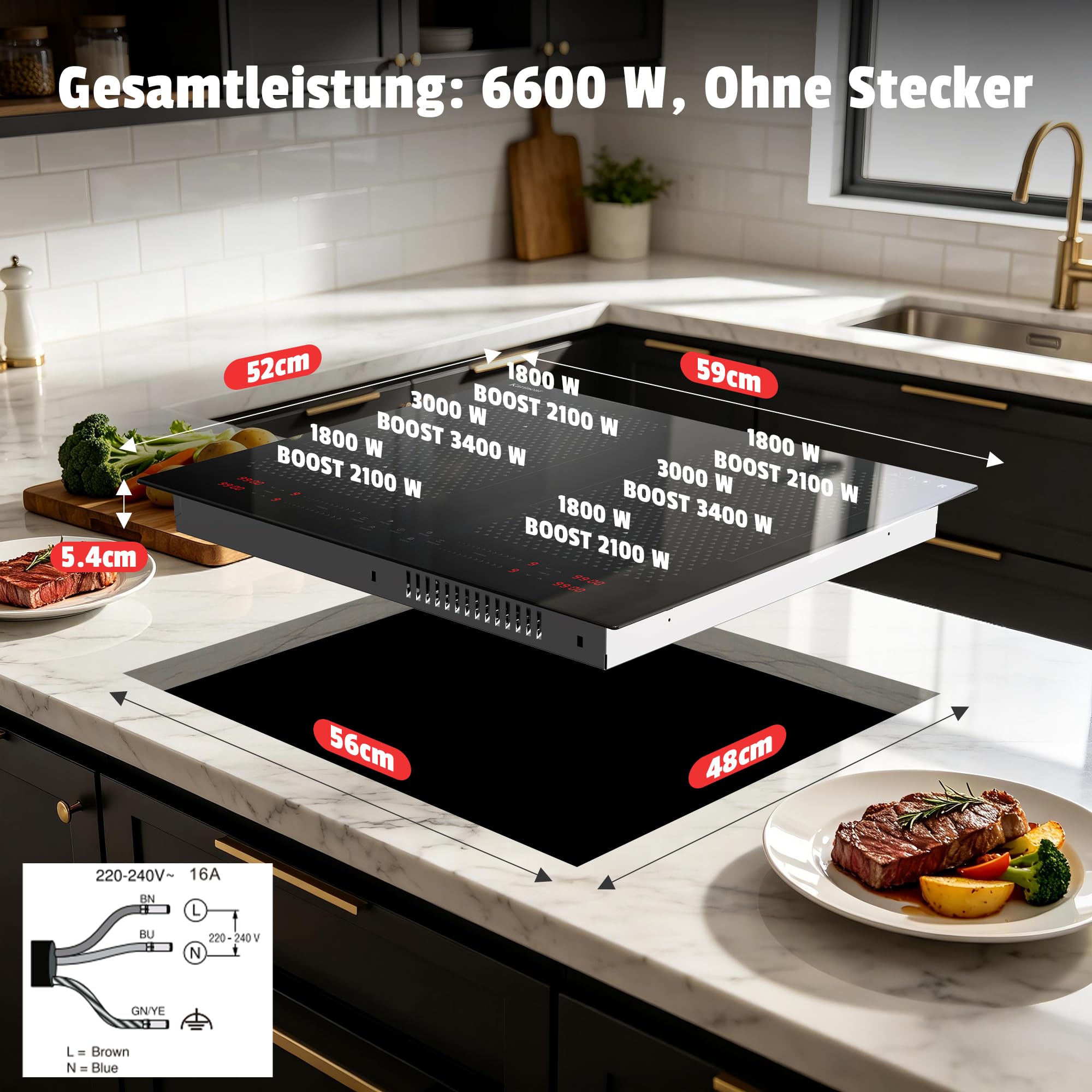 Karinear Induktionskochfeld 60 cm, 7200W Autark 4 Platten Flex Zone Boost | Einbau ohne Stecker, Touch Slider, Timer, Pause, Sicherheitsverriegelung und 9 Leistungsstufen für flexible Küche