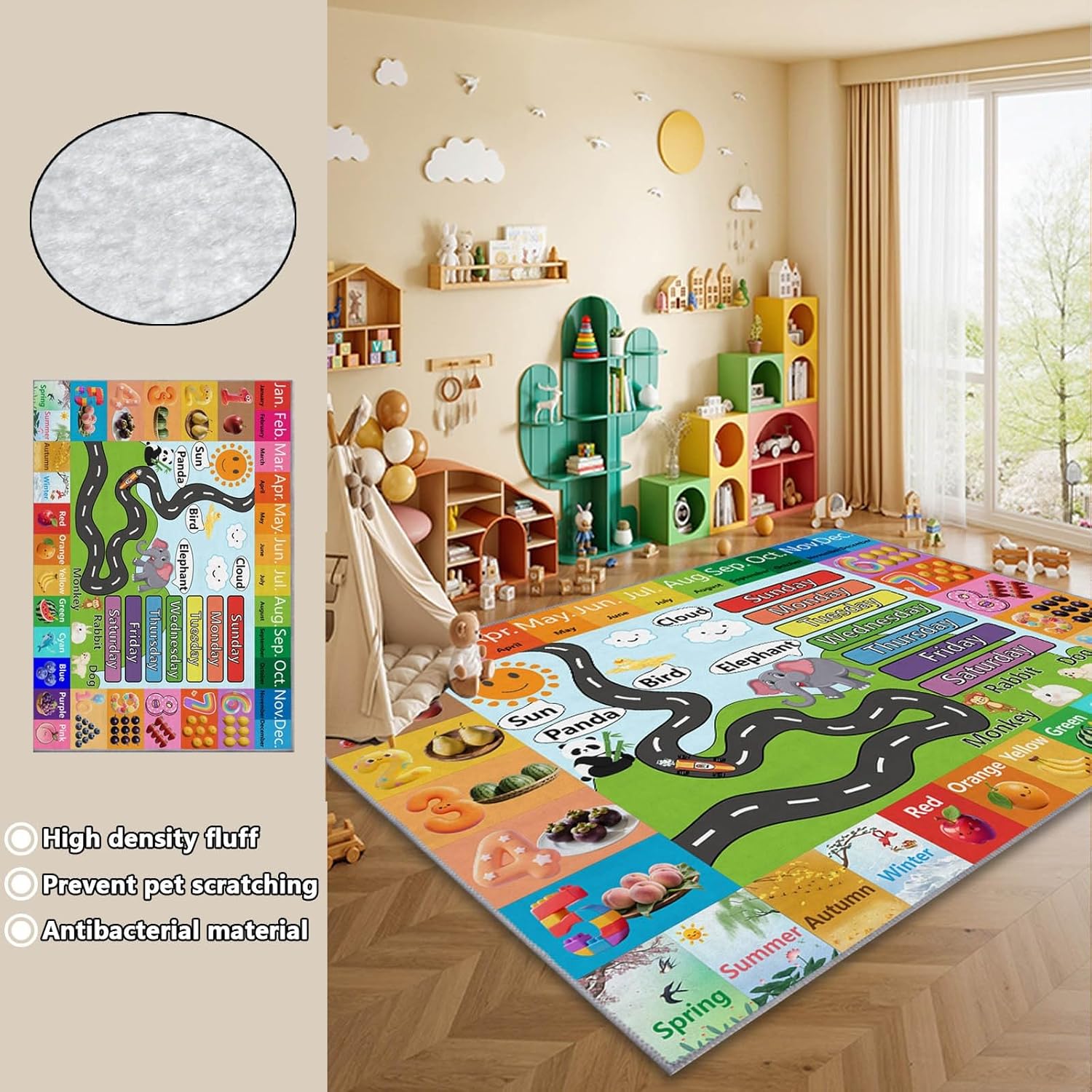 ABC 123 Baby Play Mat – Months, Animals, Fruits & Colors Educational Rug for Nursery Classroom, Non-Slip Toddler Activity Floor Carpet(X1, 4×6ft)
