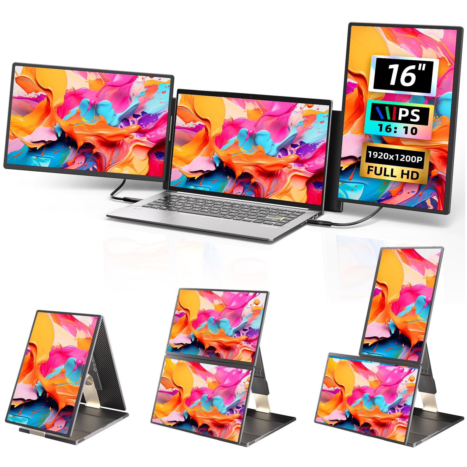 Larksmile Triple Laptop Screen Extender, 16" Triple Screen Laptop Monitor Extender, FHD 1200P IPS Triple Monitor, 235° Rotation Plug&Play for
